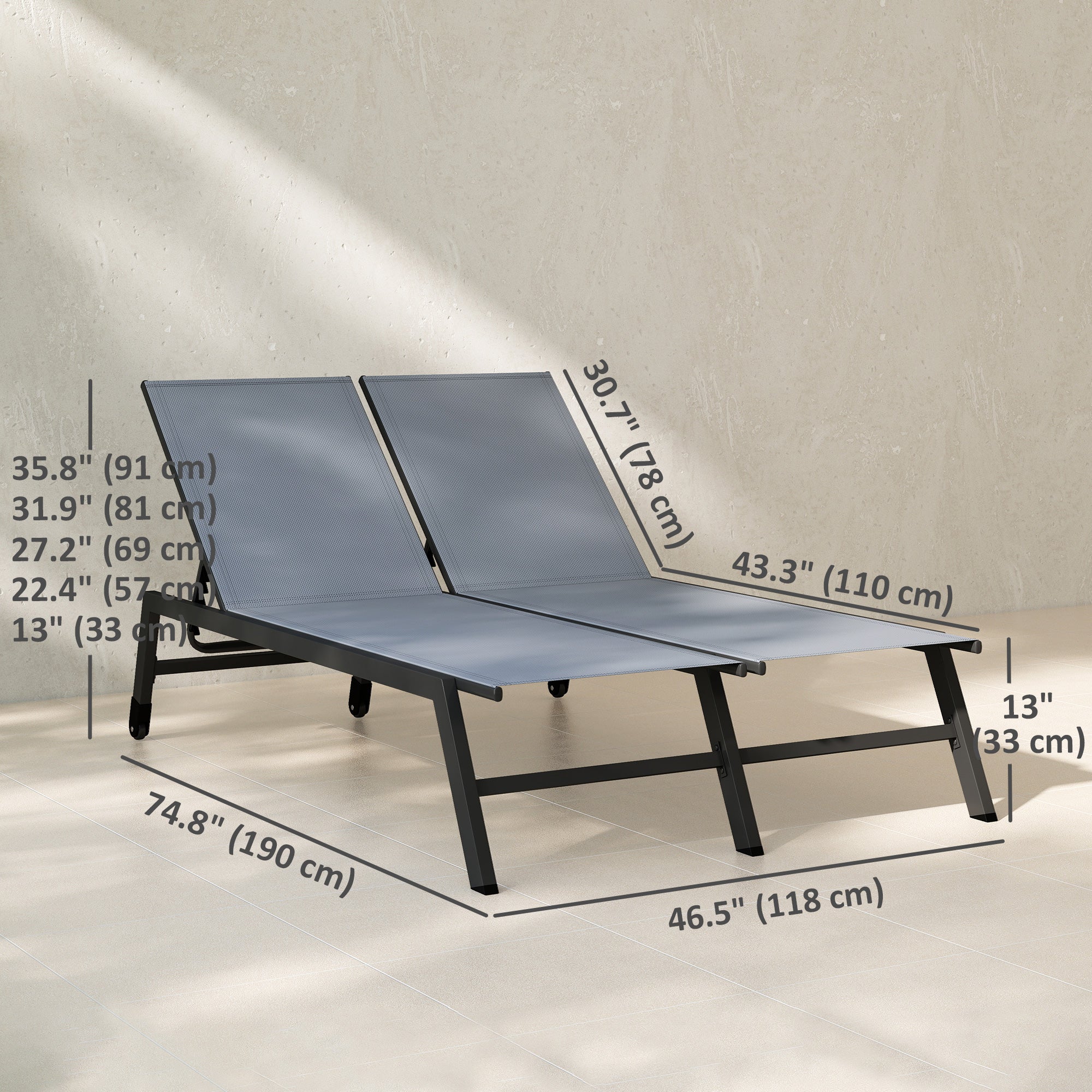 Chaise Lounge Chair for 2 Person, Outdoor Lounge Chair with 5-Position Adjustable and Wheels