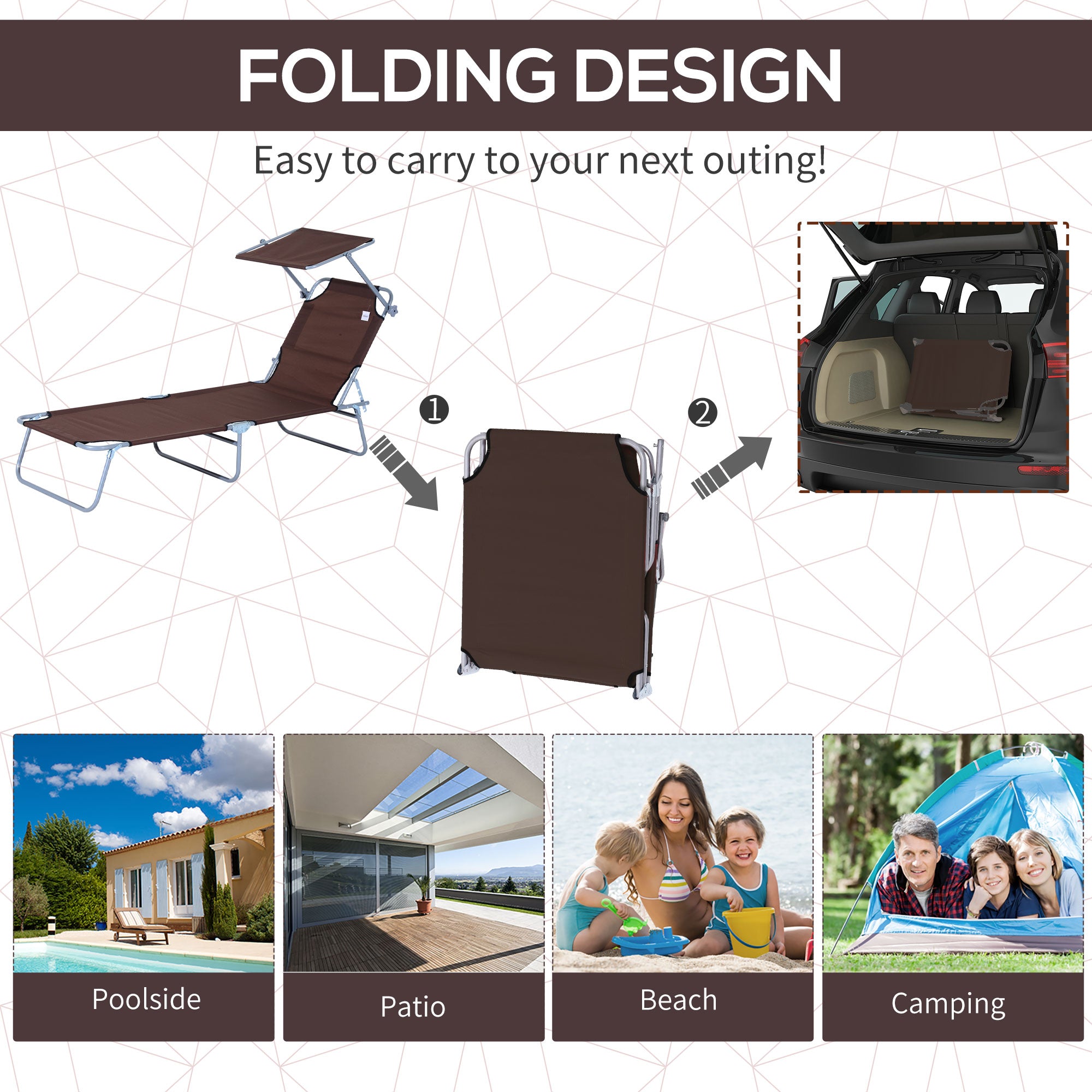 Outdoor Lounge Chair, Adjustable Folding Chaise Lounge,  Tanning Chair with Sun Shade for Beach, Camping, Hiking, Backyard, Brown