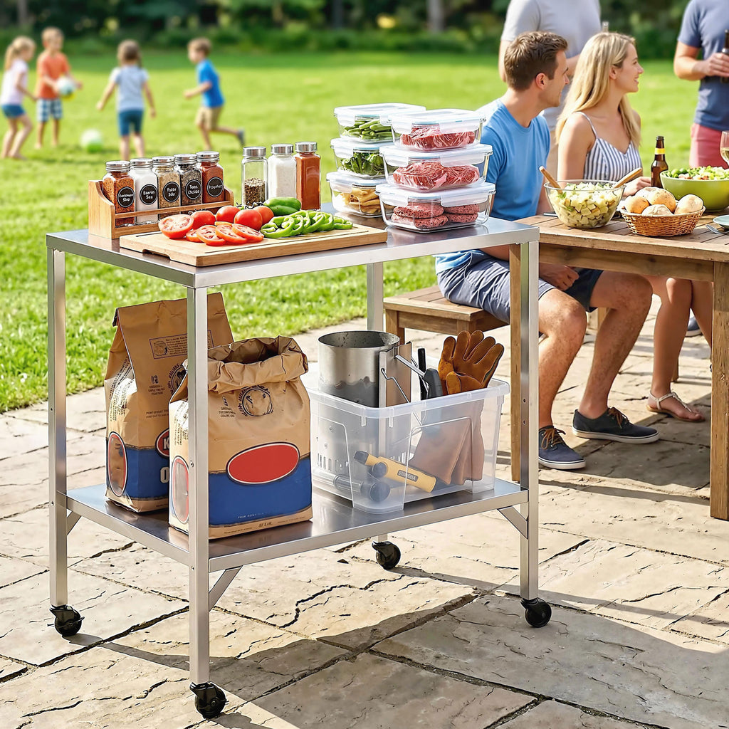 Outdoor Grill Cart with Stainless Steel Tabletop, Pizza Oven Stand with Shelf, Lockable Wheels, Rolling BBQ Table