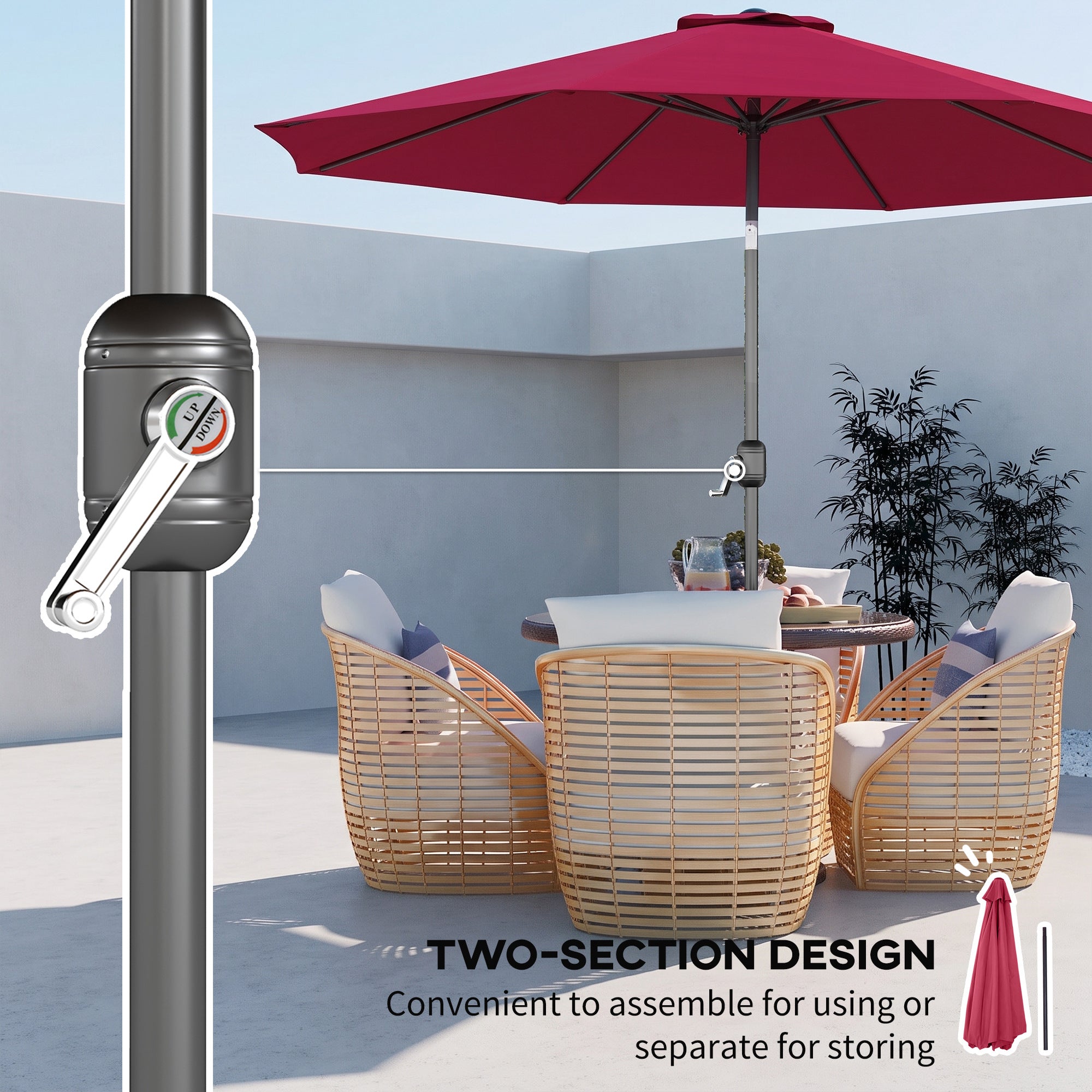 10' x 8' Round Market Umbrella, Patio Umbrella with Crank Handle and Tilt, Outdoor Parasol for Garden, Wine Red