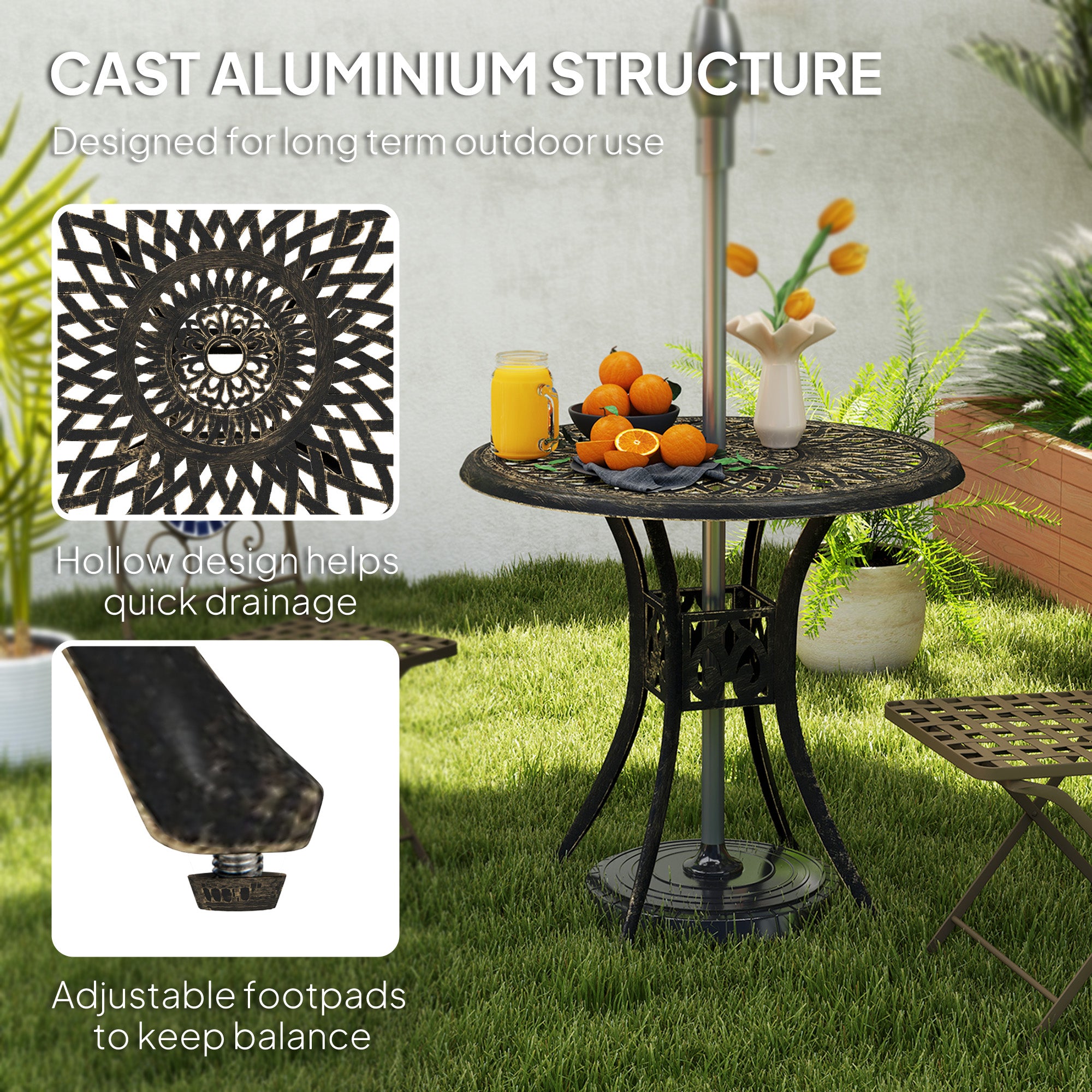 30-inch Round Patio Dining Table with Umbrella Hole Cast Aluminium Outdoor Bistro Table, Brown