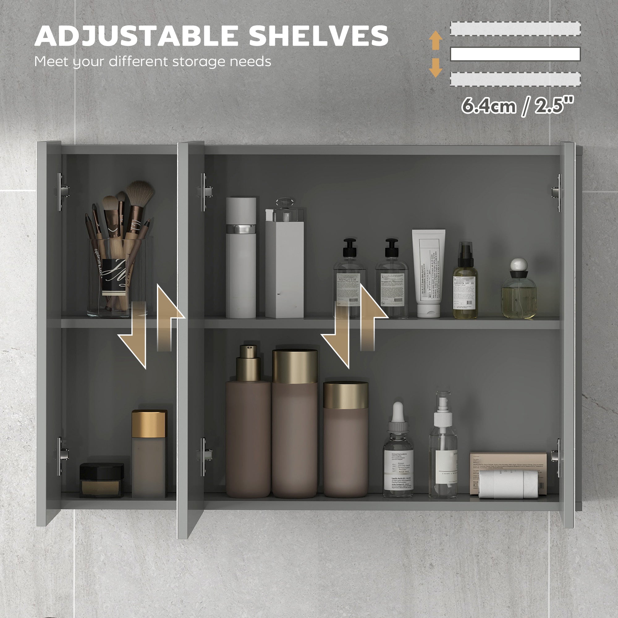 35" x 24" Wall Mounted Mirror Cabinet, Bathroom Medicine Cabinet with Mirror, 3 Doors and Adjustable Shelves, Grey