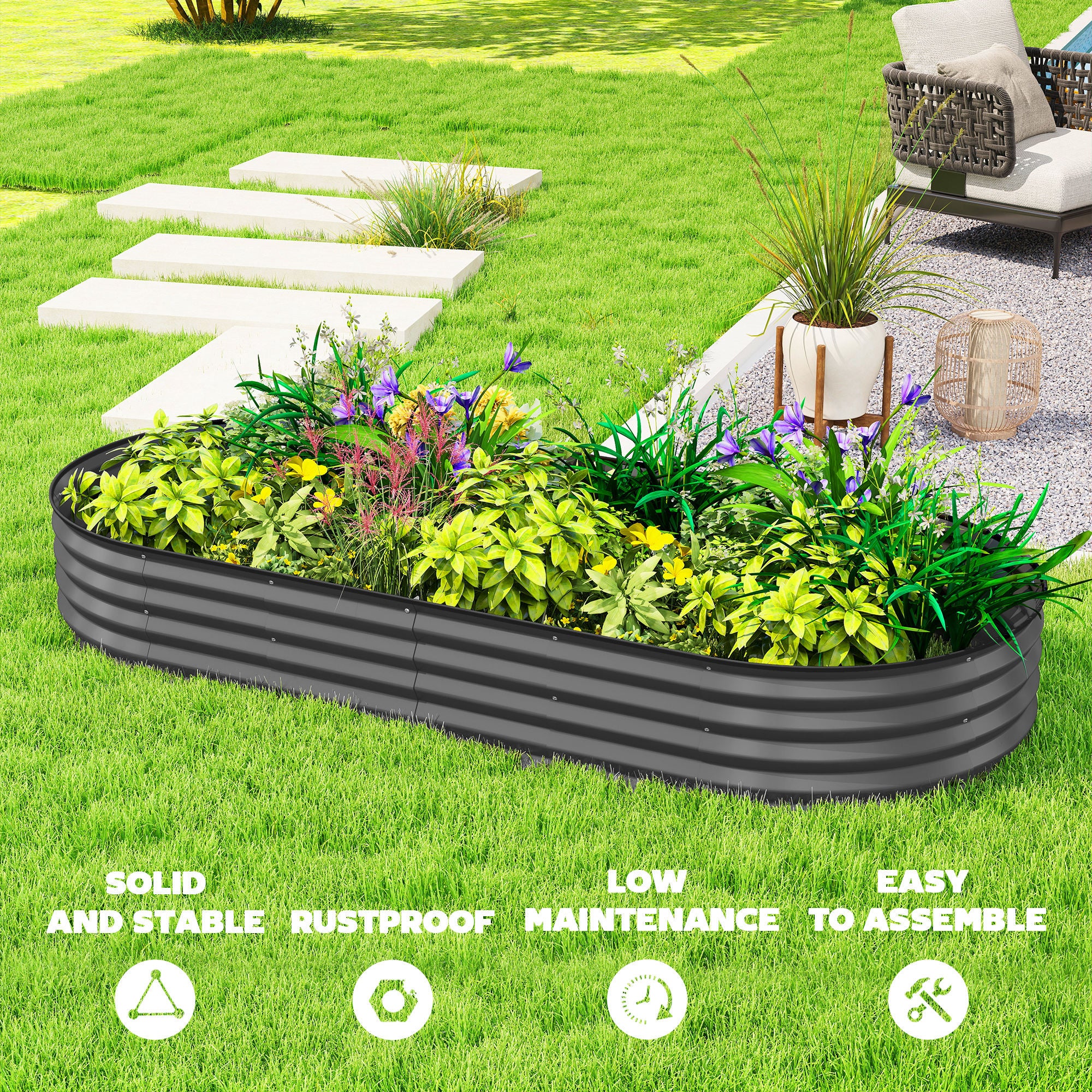 7 x 3 x 1ft Galvanized Raised Garden Bed Kit, Metal Planter Box with Safety Edging, Dark Grey