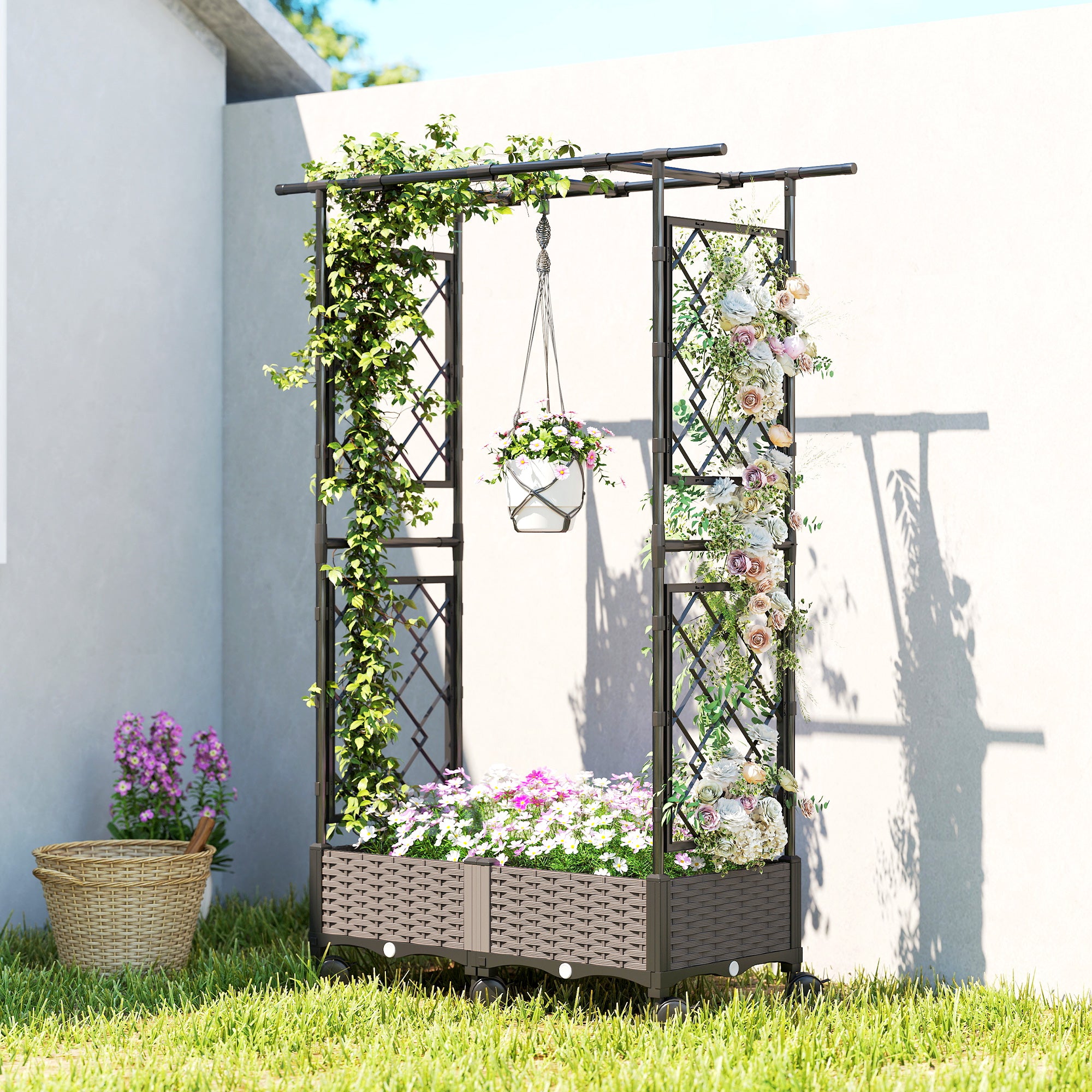 Raised Garden Bed with Arch Trellis, Raised Bed for Garden on Wheels with Side Trellis for Climbing Plants, Flowers