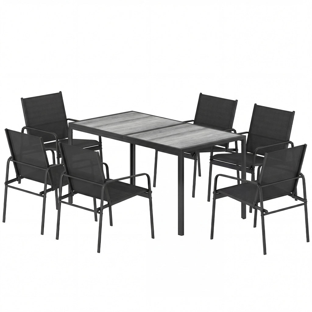 Outdoor Dining Set for 6, Faux Wood Patio Table and Chairs with Breathable Mesh Seat, Galvanized Steel Frame, Black