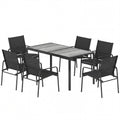 Outdoor Dining Set for 6, Faux Wood Patio Table and Chairs with Breathable Mesh Seat, Galvanized Steel Frame, Black