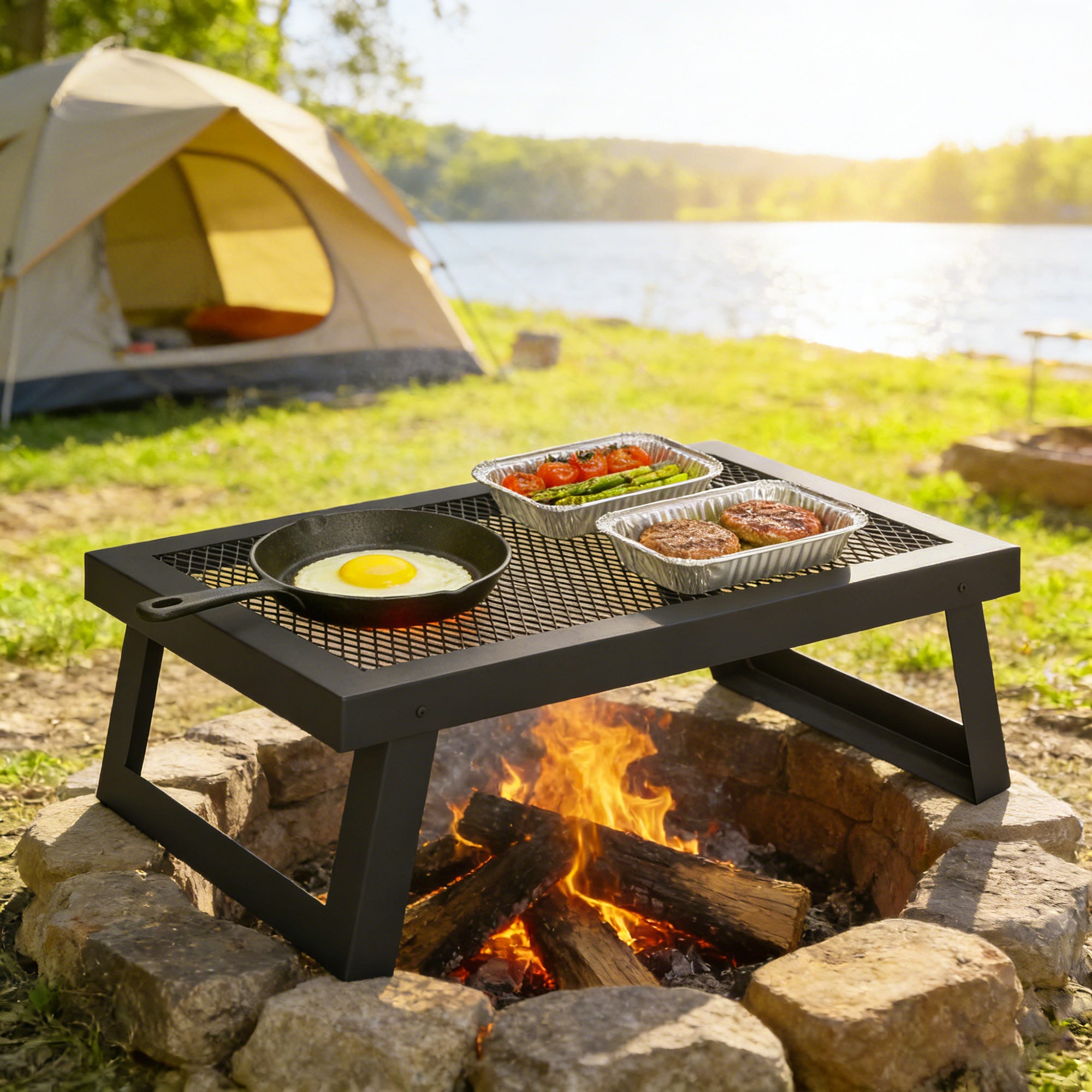 Folding Campfire Grill, 22" x 12" Heavy Duty Carbon Steel Grill Grate with Folding Legs, Black