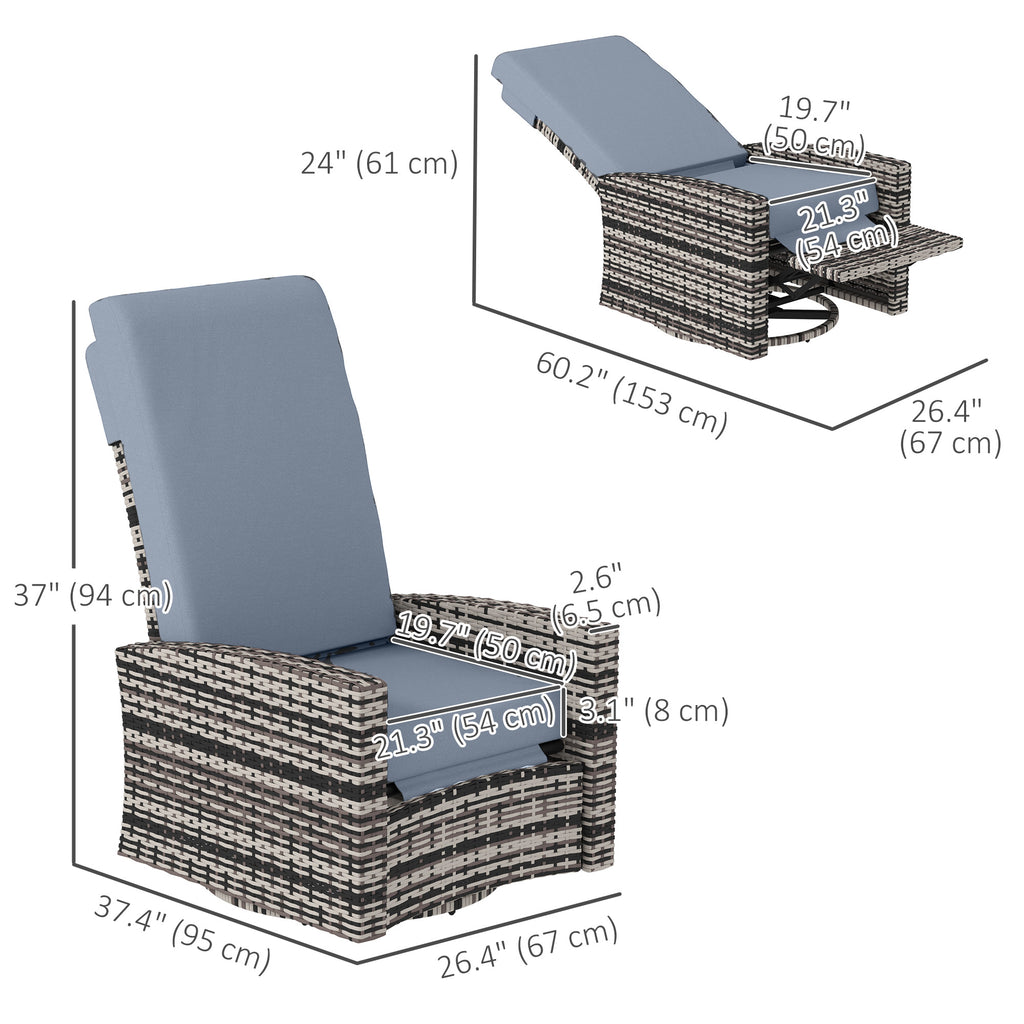 Outdoor Rattan Wicker Lounge Chair with Footrest & Soft Cushion for Patio, Garden, Backyard, Grey