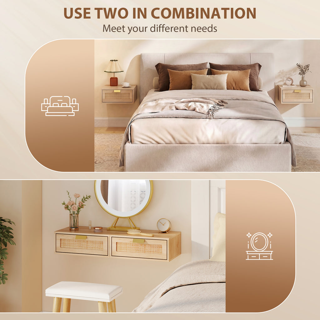 Floating Bedside Tables Set of 2, Wall Mounted Nightstands with Rattan Drawer and Wood Effect, Oak