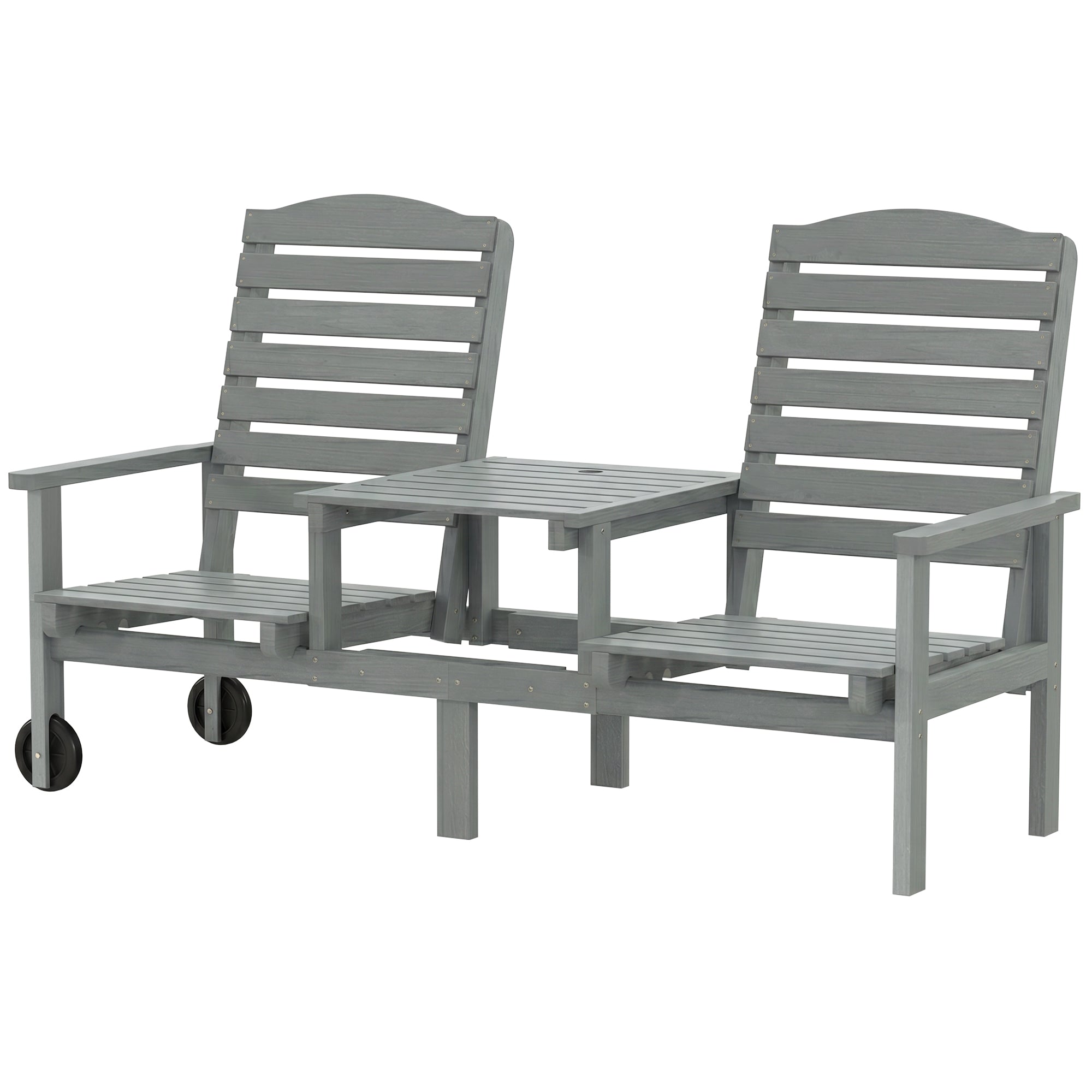 Outdoor Bench with Wheels and 3-Position Adjustable High Back, 2 Seater Outdoor Loveseat with Umbrella Hole, Grey