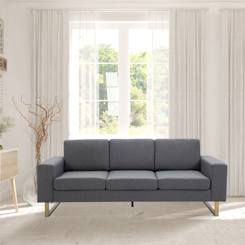 3 Seater Sofa, Linen Upholstered Cozy Padded Couch with Steel Leg, Backrest and Wide Armrest, for Living room, Bedroom, Dark Grey