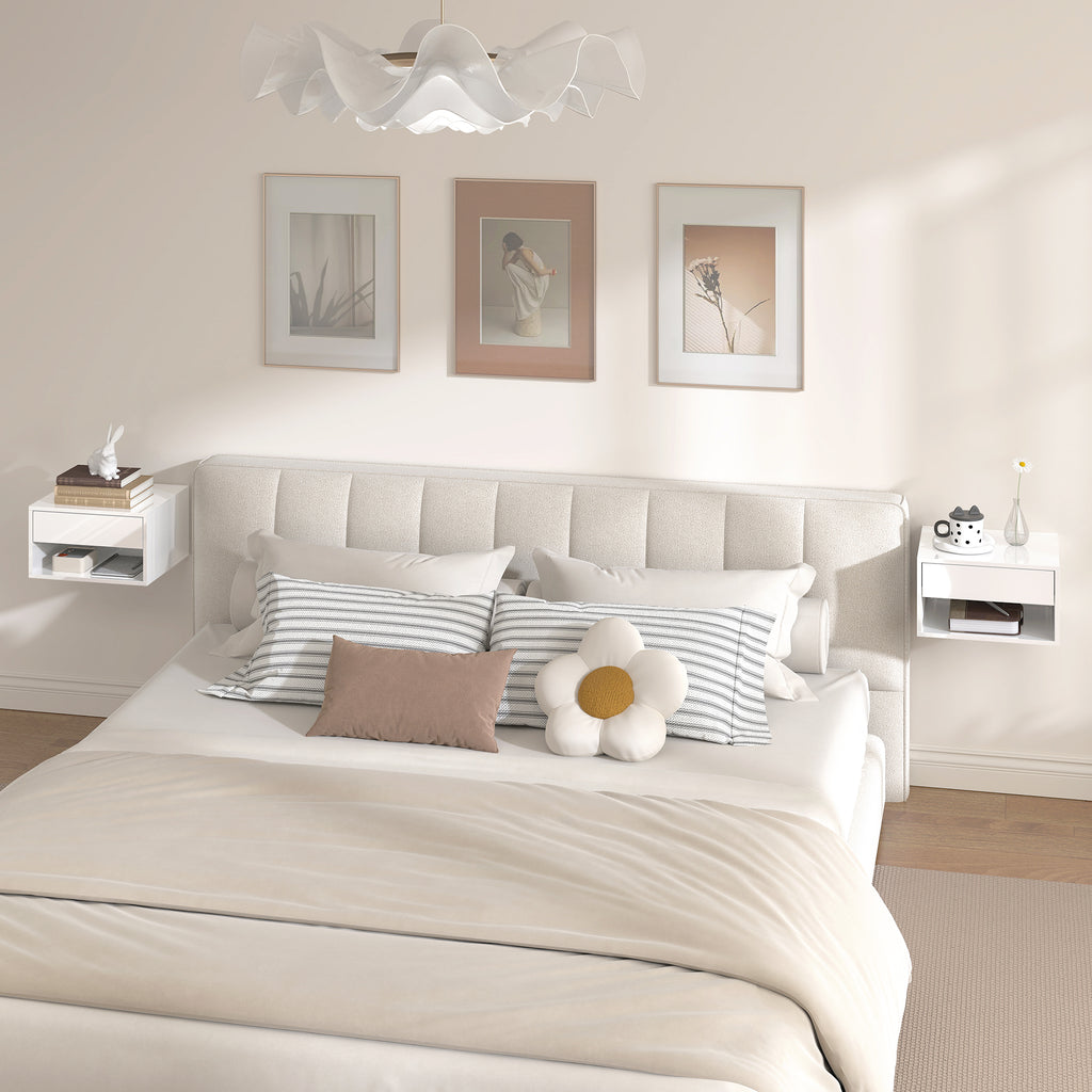 Floating Bedside Tables Set of 2, Wall-Mounted Nightstand, High Gloss White