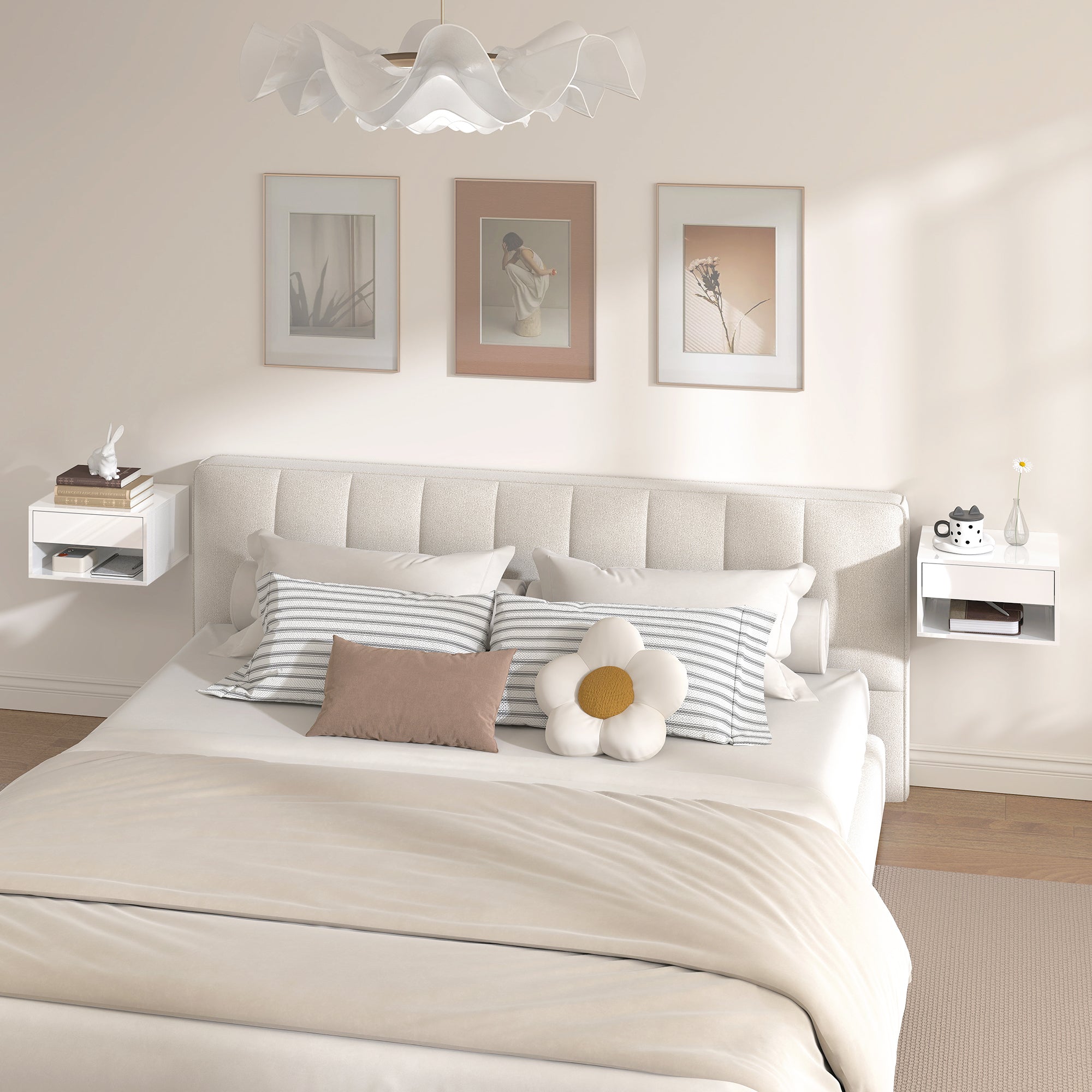 Floating Bedside Tables Set of 2, Wall-Mounted Nightstand, High Gloss White
