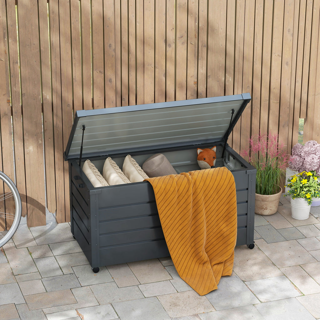 82 Gallon Garden Storage Box, Waterproof Outdoor Storage Container with Wheels and Handles, Dark Grey