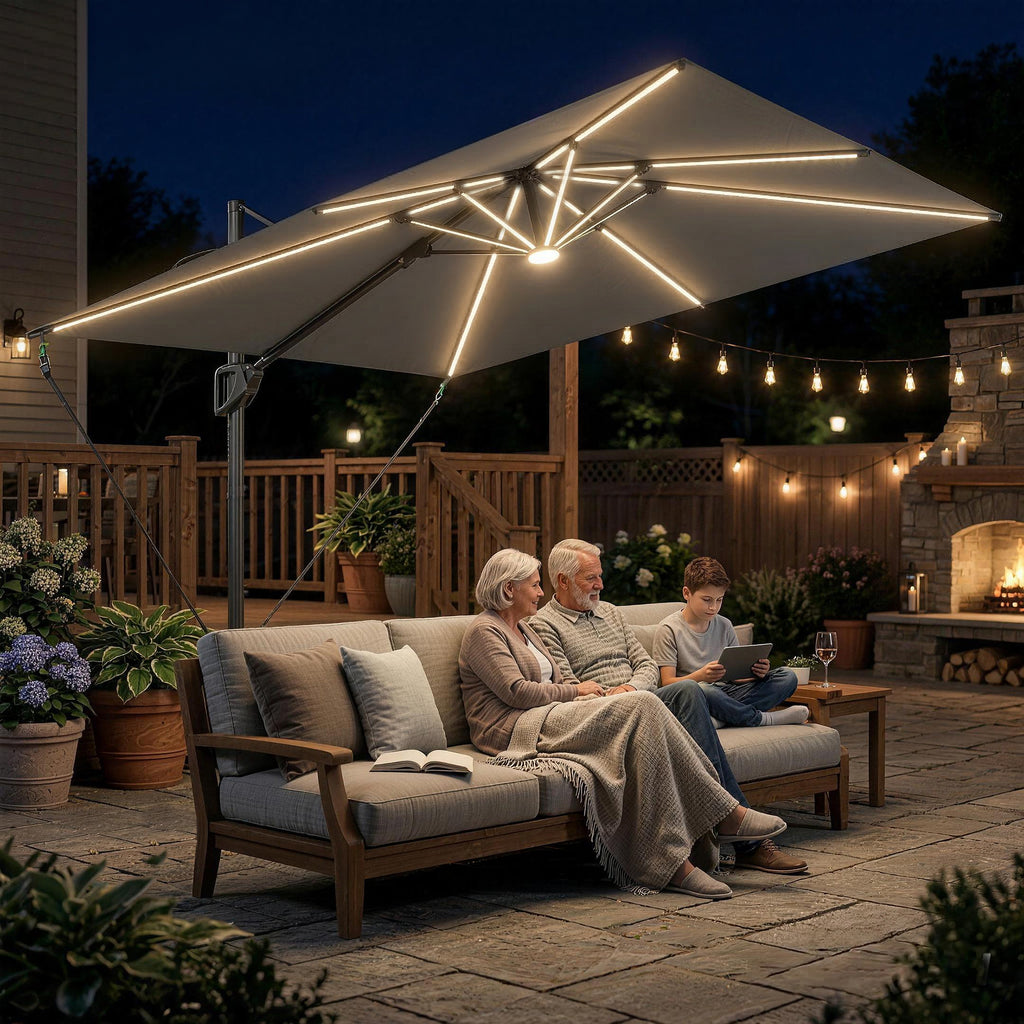 10 x 9.7 ft Offset Cantilever Patio Umbrella with Lights, Wind Rope, UPF50+ Outdoor Cantilever Parasol, Dark Grey