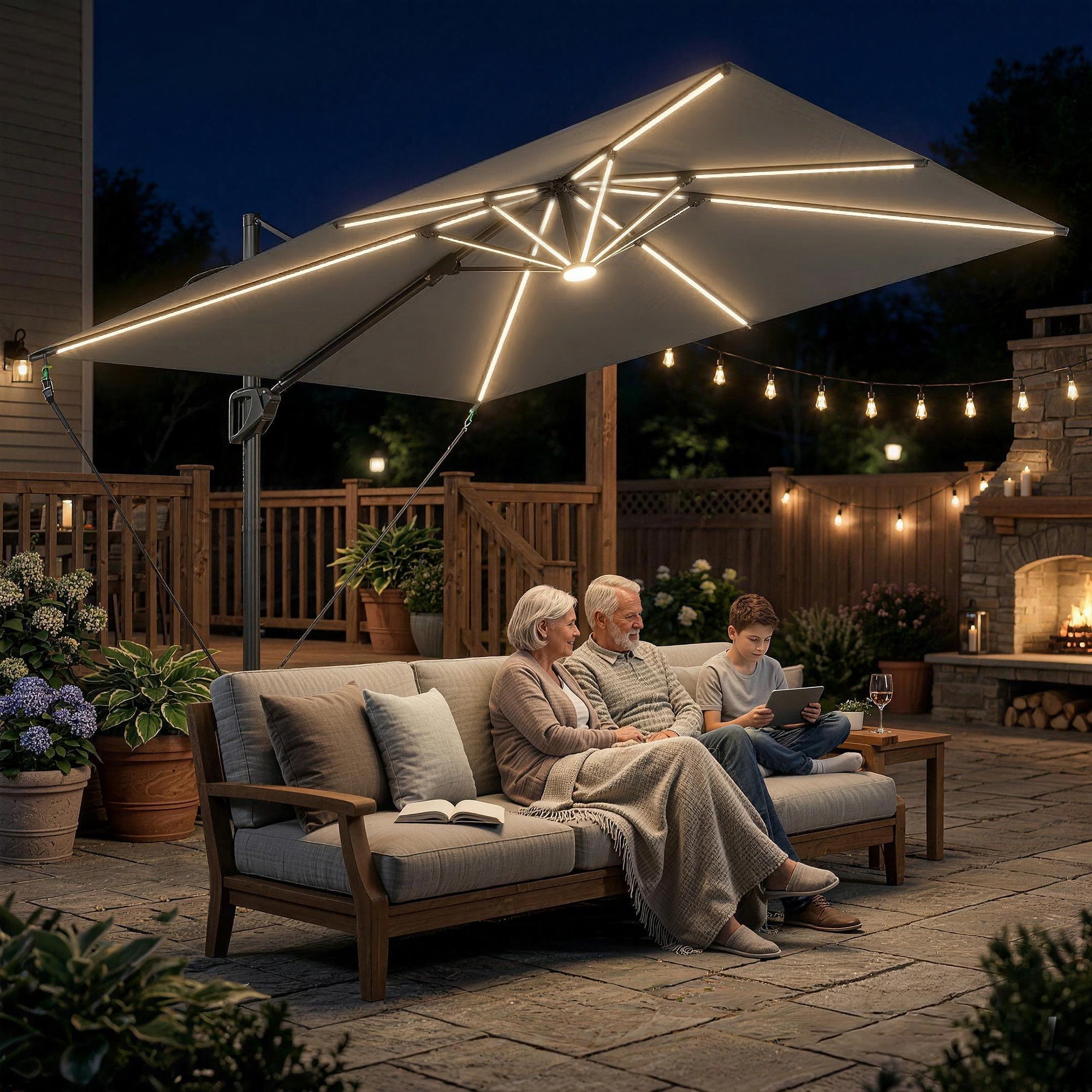 10 x 9.7 ft Offset Cantilever Patio Umbrella with Lights, Wind Rope, UPF50+ Outdoor Cantilever Parasol, Dark Grey