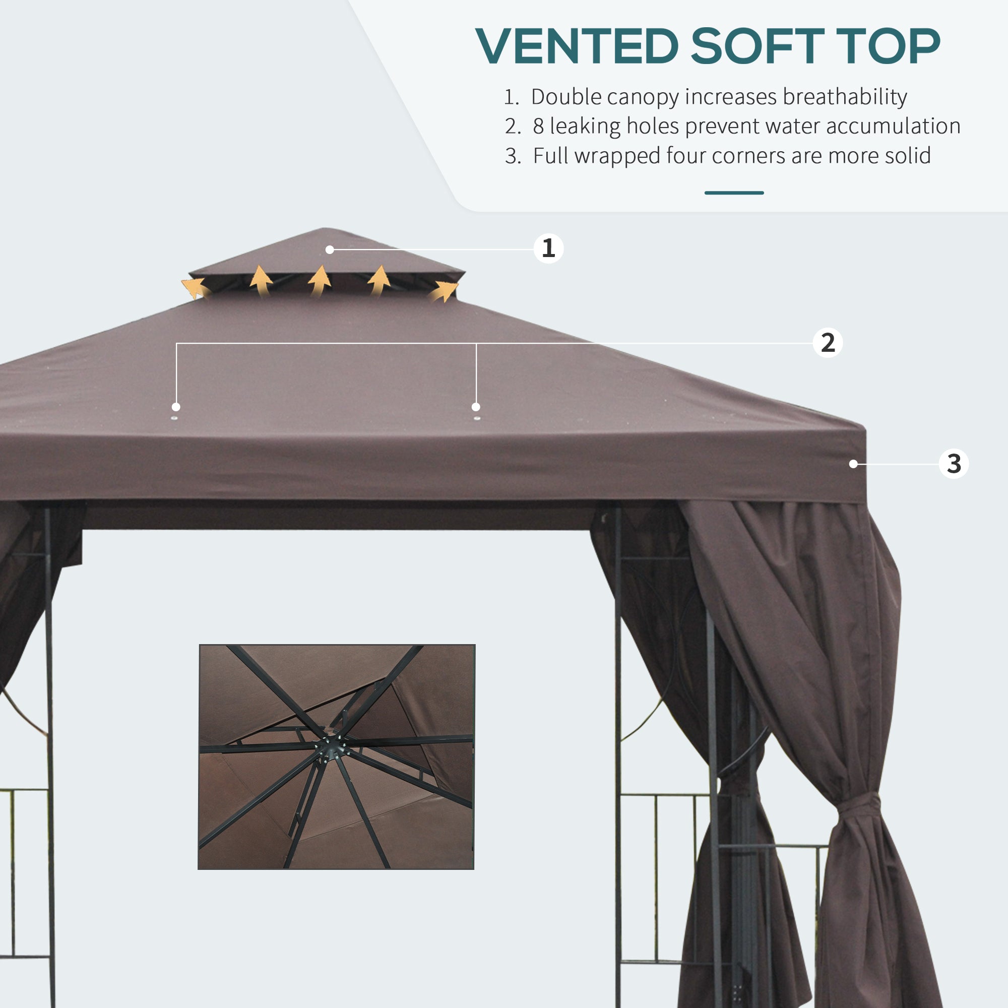 10' x 10' Patio Gazebo Outdoor, Canopy Shelter with Double-tier Roof, Pavilion Sidewalls for Garden Events, Brown