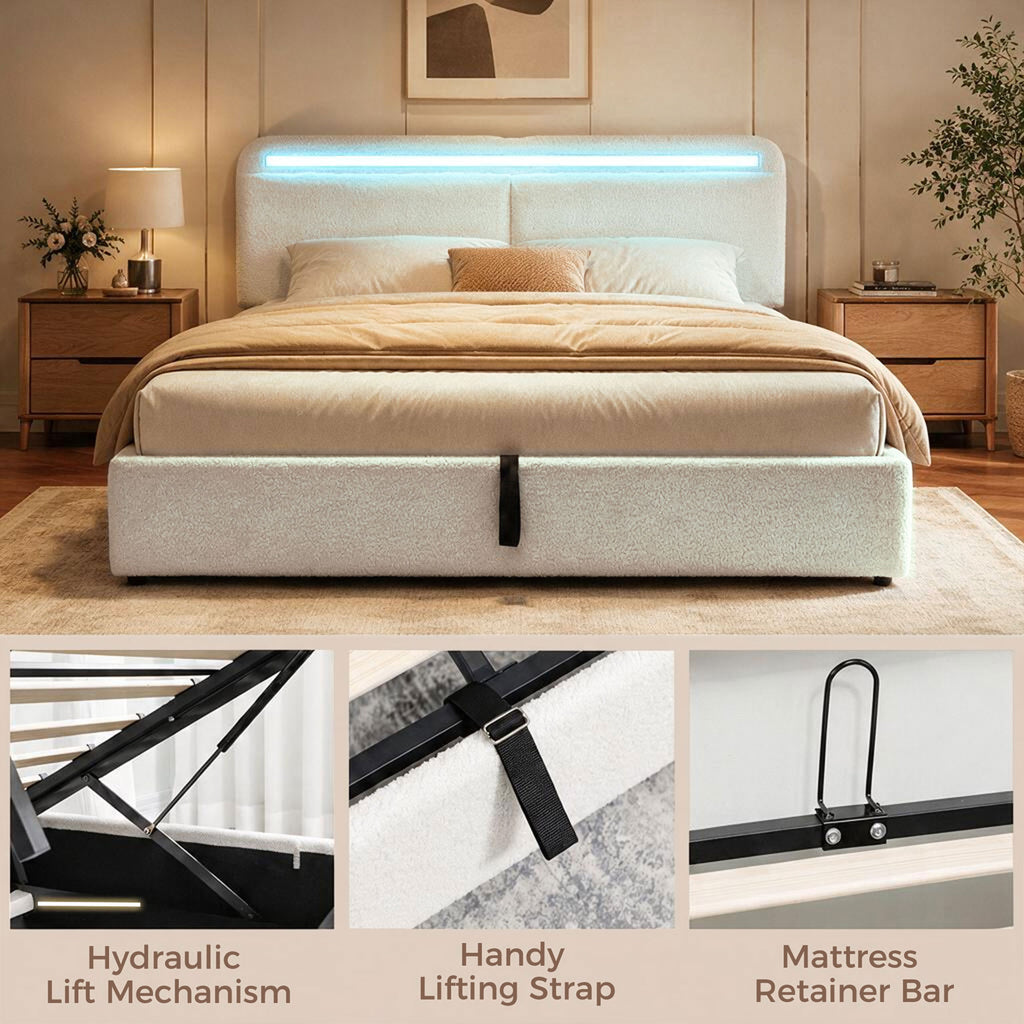 White queen bed frame with LED headboard lighting and convenient USB charging ports