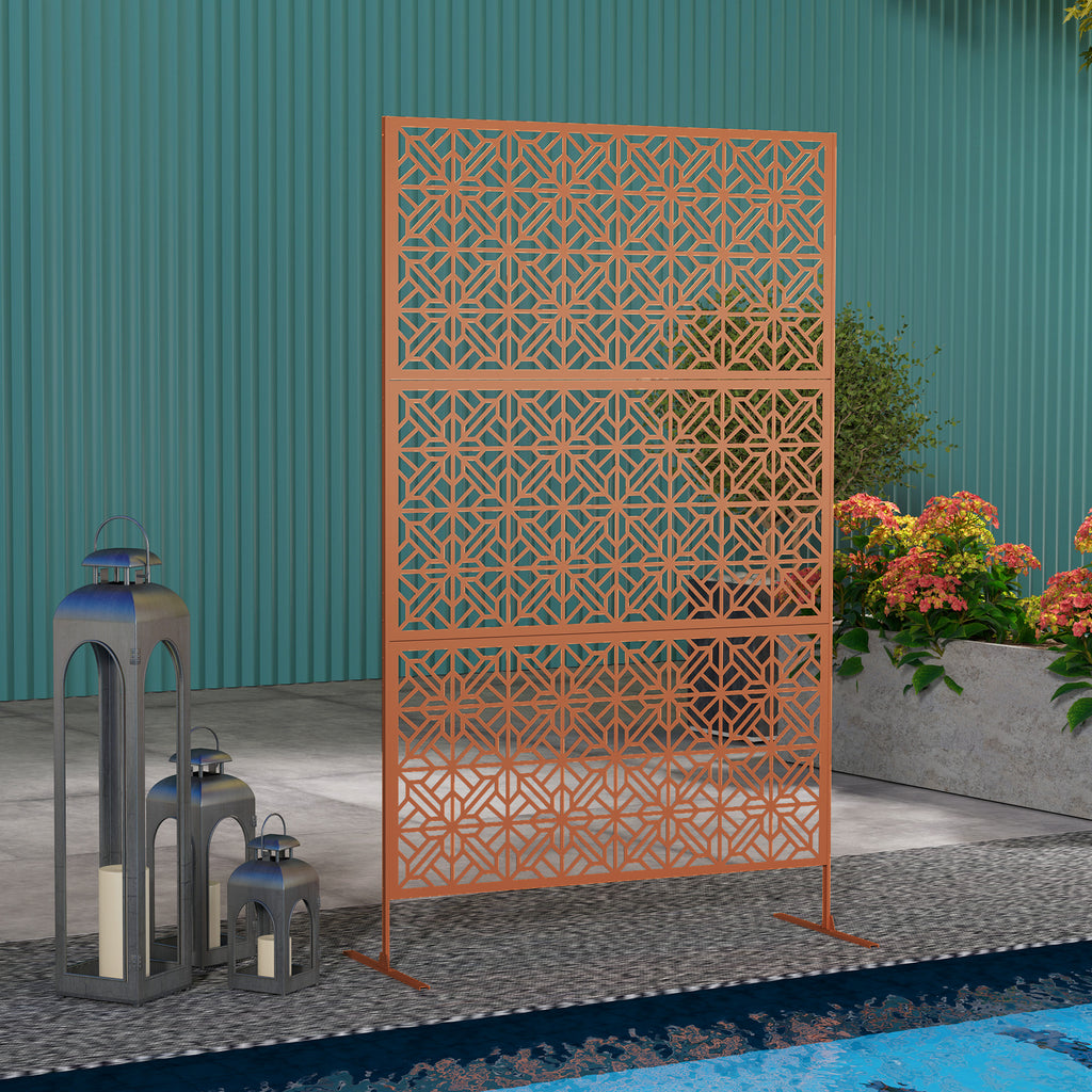 Decorative Outdoor Privacy Panel with Stand, Freestanding Metal Outdoor Divider for Garden, Backyard, Deck, Brown
