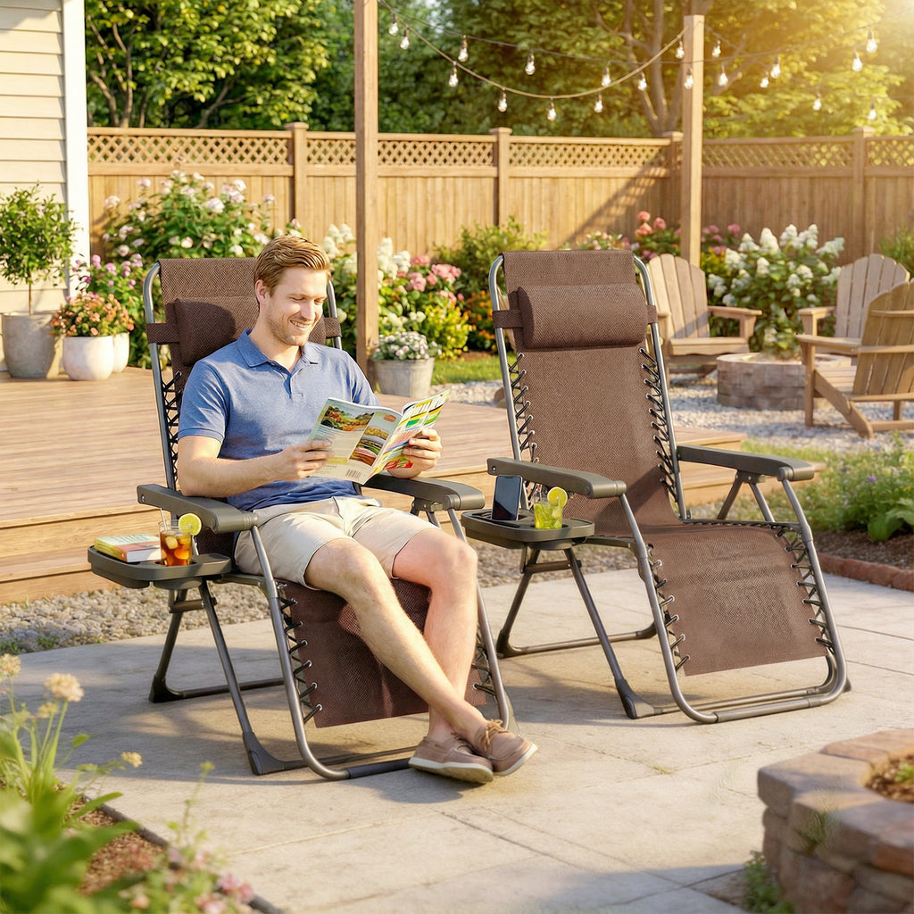 Zero Gravity Chair Set of 2, Folding Reclining Outdoor Lounge Chair with Cup Holder, Headrest, Brown