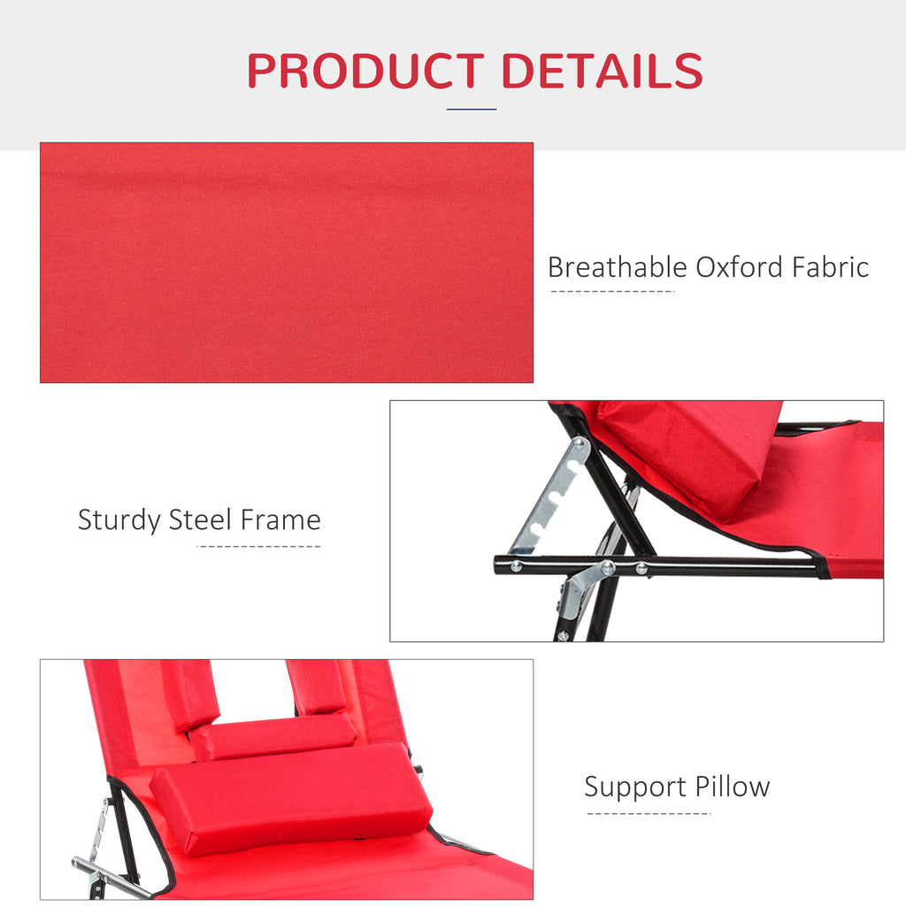 Folding Chaise Lounge Chair, Reclining Beach Tanning Chair with Face Hole, Pillow, 4-Position Adjustable Lay Flat Sun Lounger, Steel Frame for Outdoor Patio Pool, Red
