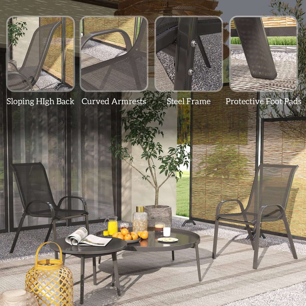 Set of 2 Outdoor Dining Chairs, Stackable Lawn Chairs with High Back, Breathable Mesh Seat for Garden Porch, Black