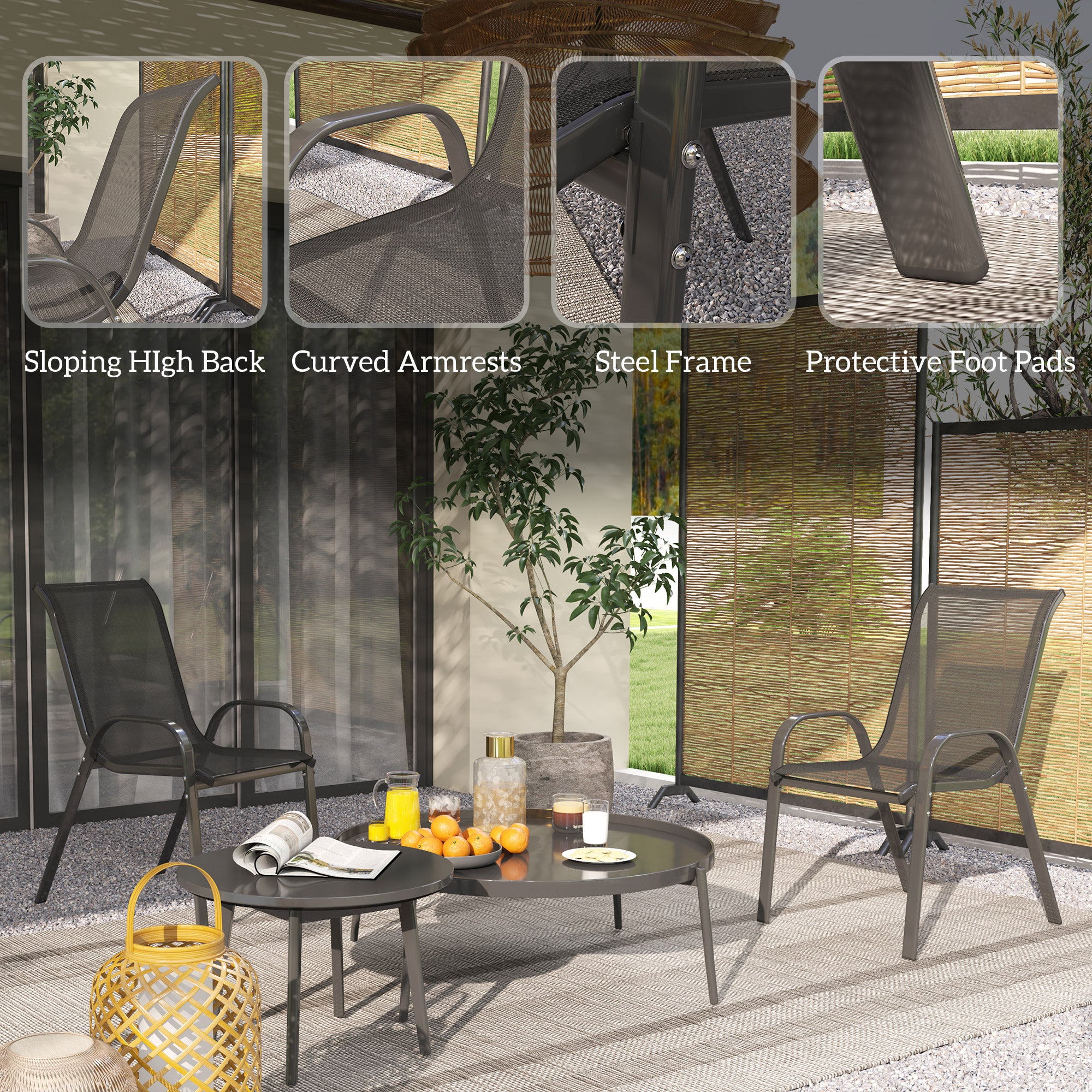 Set of 2 Outdoor Dining Chairs, Stackable Lawn Chairs with High Back, Breathable Mesh Seat for Garden Porch, Black