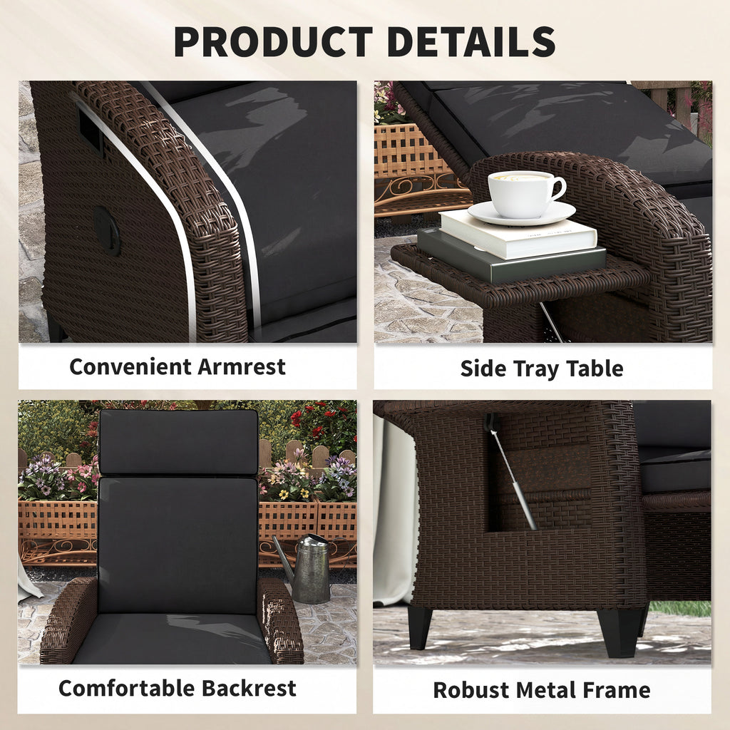 Outdoor Recliner Chair with Adjustable Backrest, Cushion, Side Tray, Black