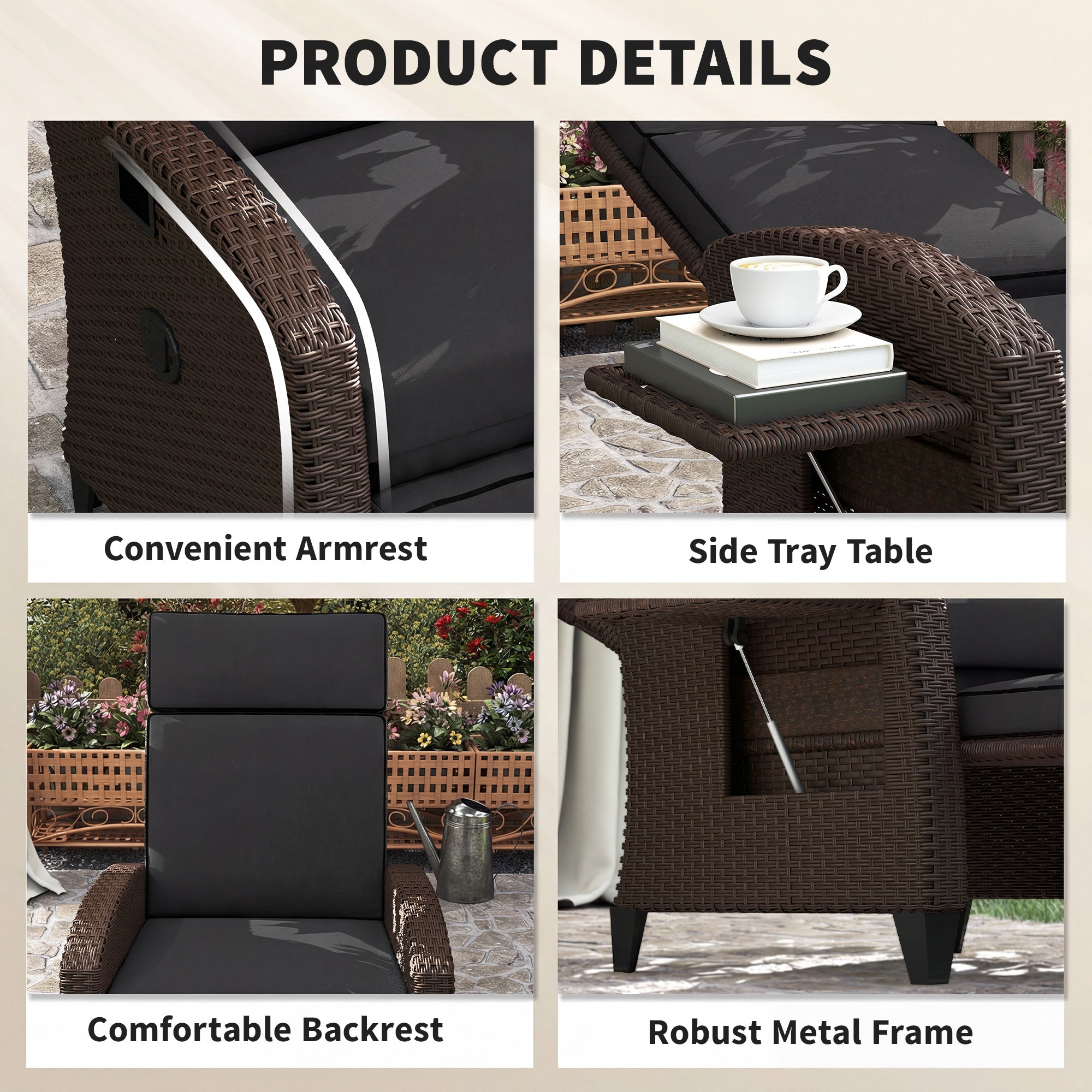 Outdoor Recliner Chair with Adjustable Backrest, Cushion, Side Tray, Black