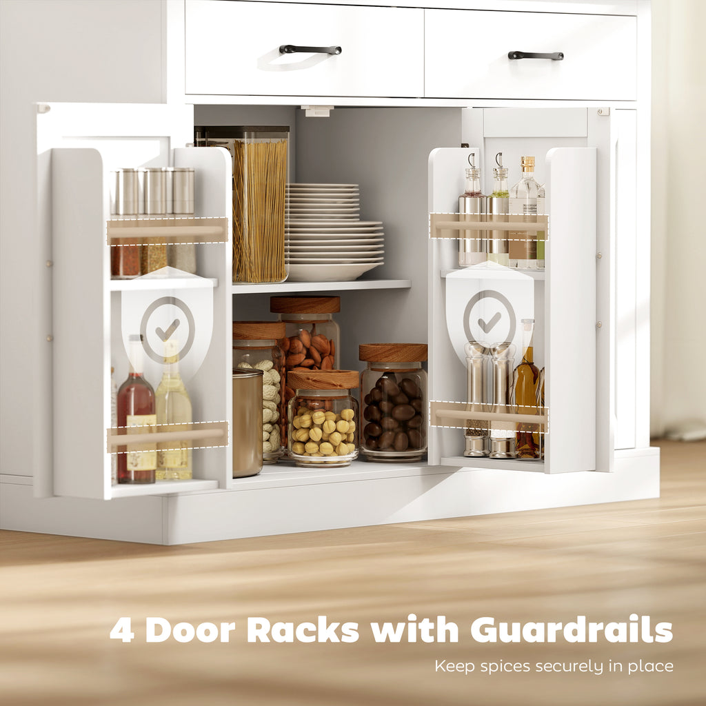7 Gallon Tilt Out Garbage Cabinet, Kitchen Island with Charging Station, 2 Drawers, 4 Door Racks, White