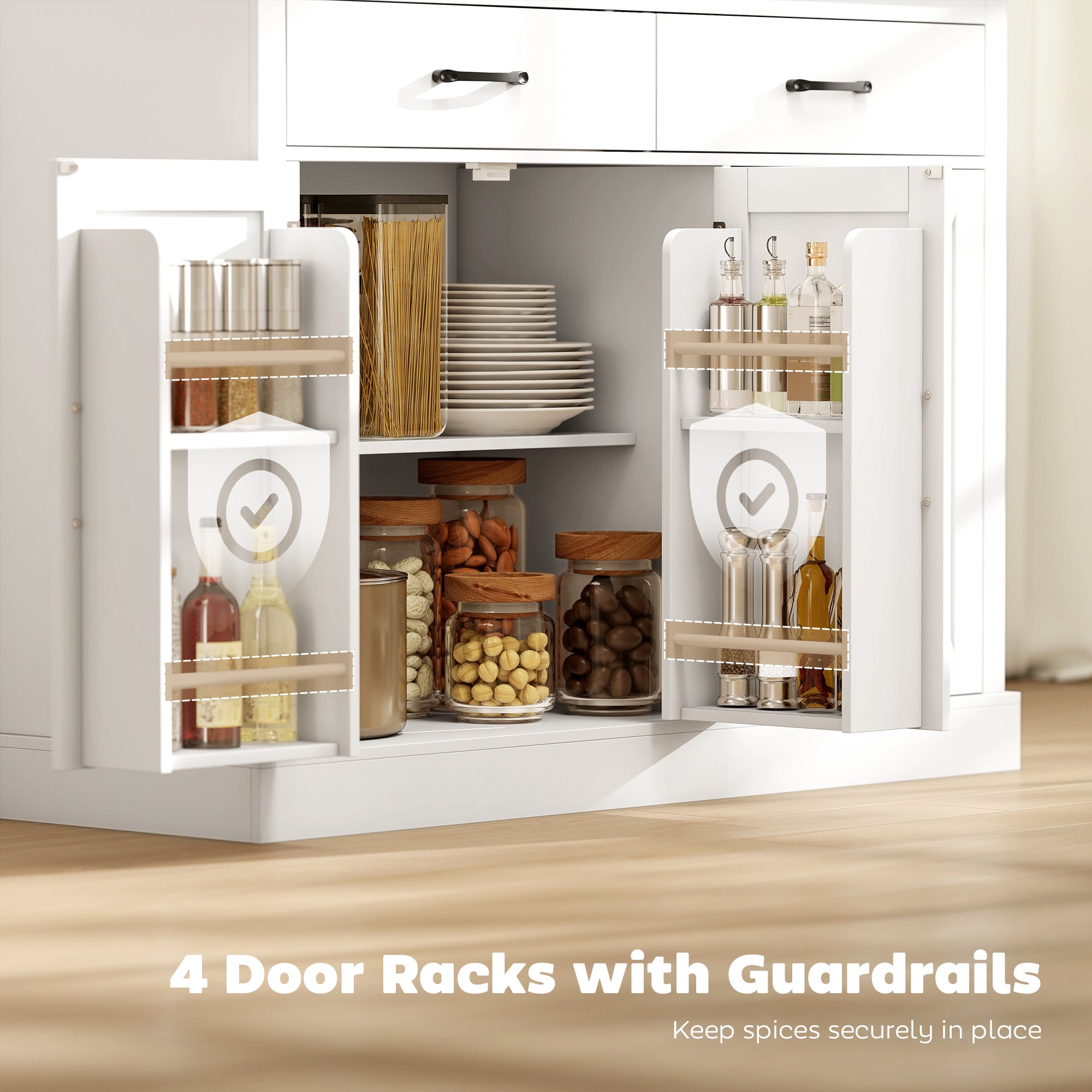 7 Gallon Tilt Out Garbage Cabinet, Kitchen Island with Charging Station, 2 Drawers, 4 Door Racks, White