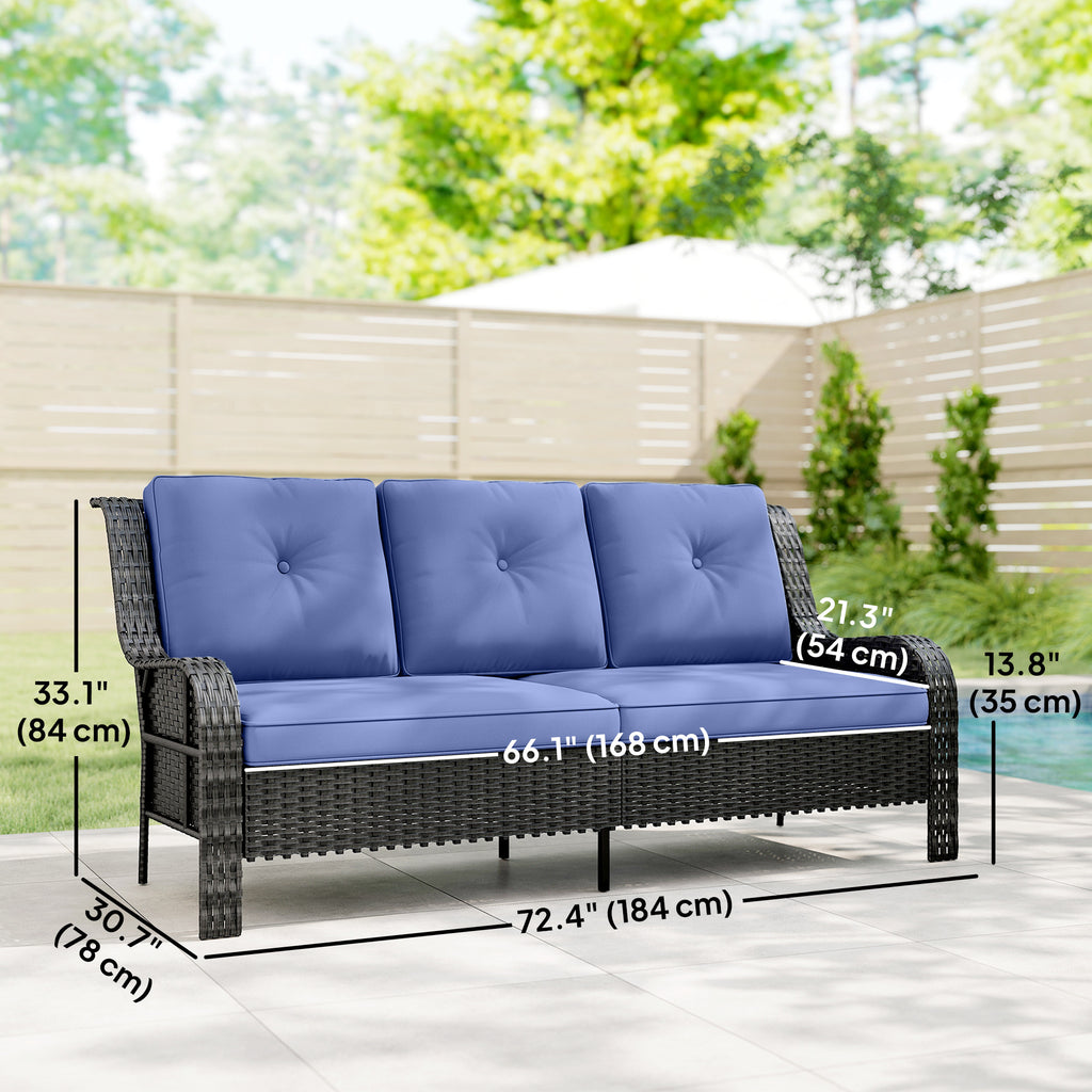 Wicker Patio Sofa with Cushions, 3 Seater Rattan Outdoor Couch for Patio, Garden, Porch, Backyard, Deep Blue