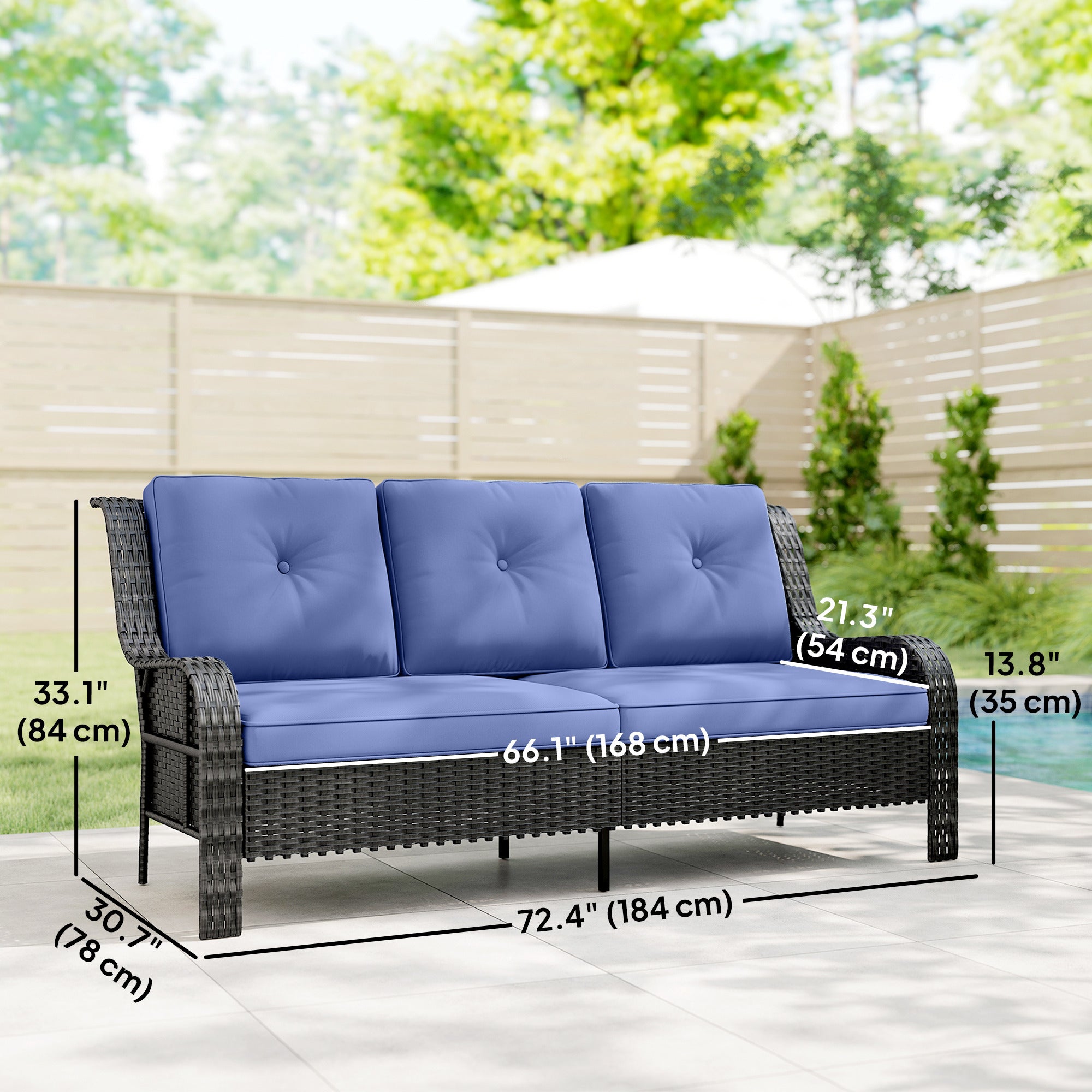 Wicker Patio Sofa with Cushions, 3 Seater Rattan Outdoor Couch for Patio, Garden, Porch, Backyard, Deep Blue