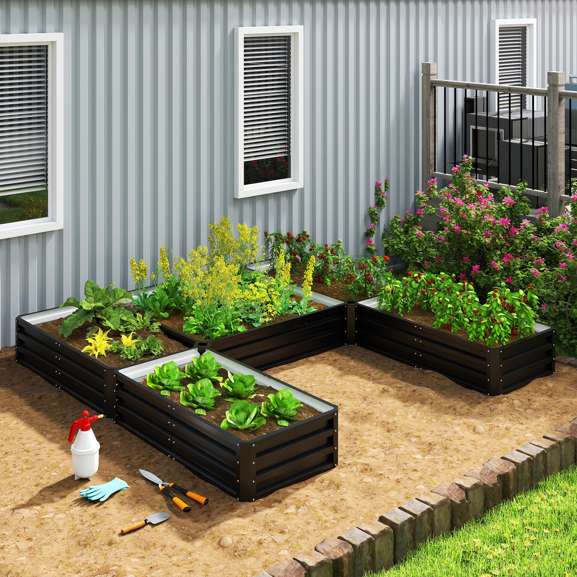 Steel Raised Garden Bed, Set of 5 Large Box Planters for Outdoor Plants Vegetables Flowers Herbs, 8x8x1ft, Black