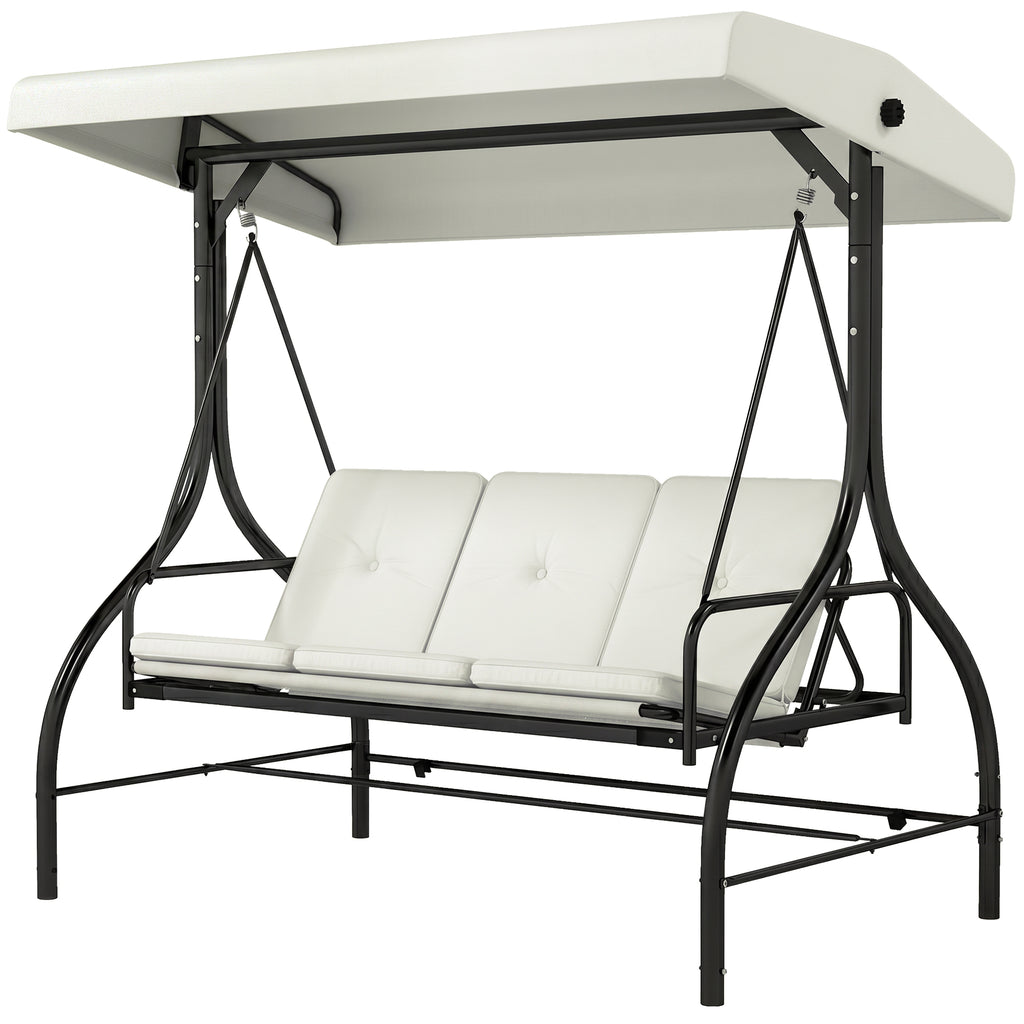 Convertible Patio Swing Bed with Canopy and Cushions, 3 Seater Porch Swing for Outdoor, Backyard, Garden, Cream White