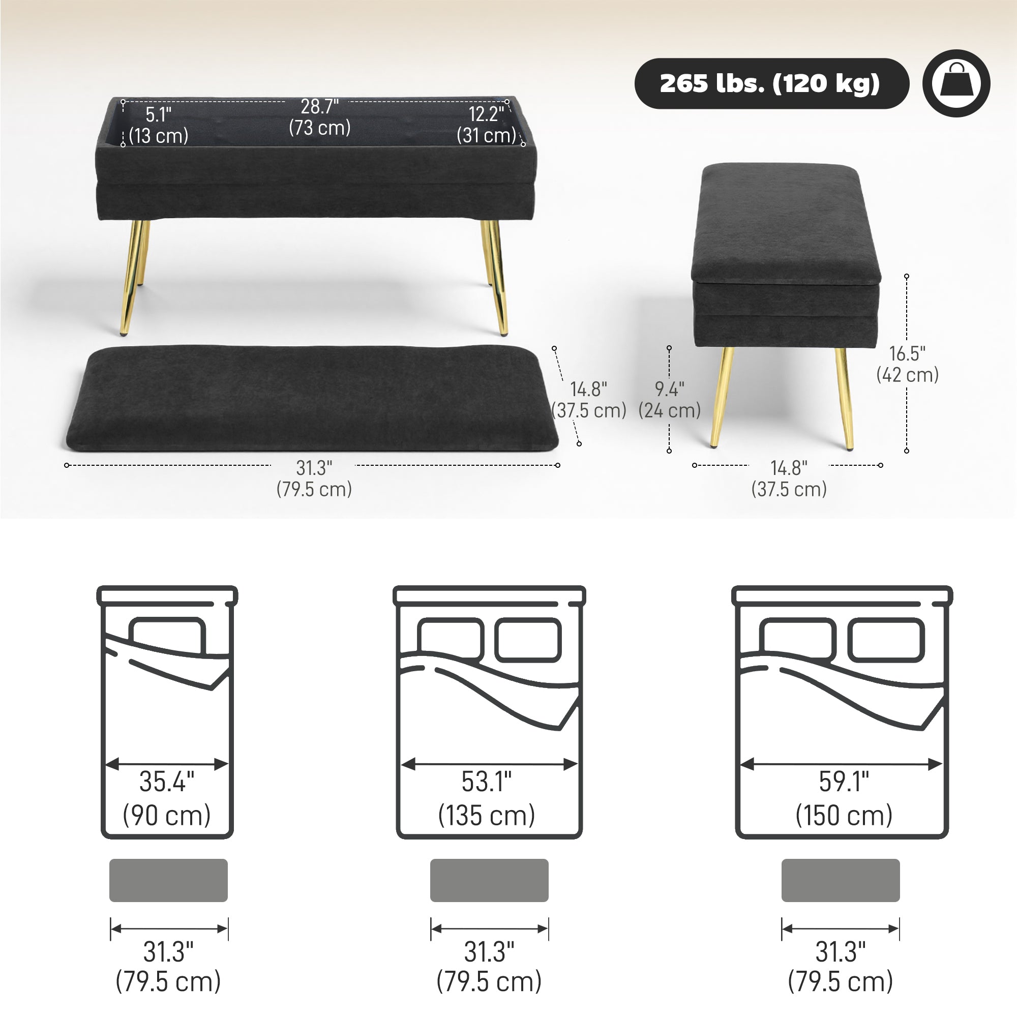 31" Storage Ottoman, Velvet End of Bed Bench with Steel Legs, Foot Stool with Storage for Bedroom, Living Room, Black