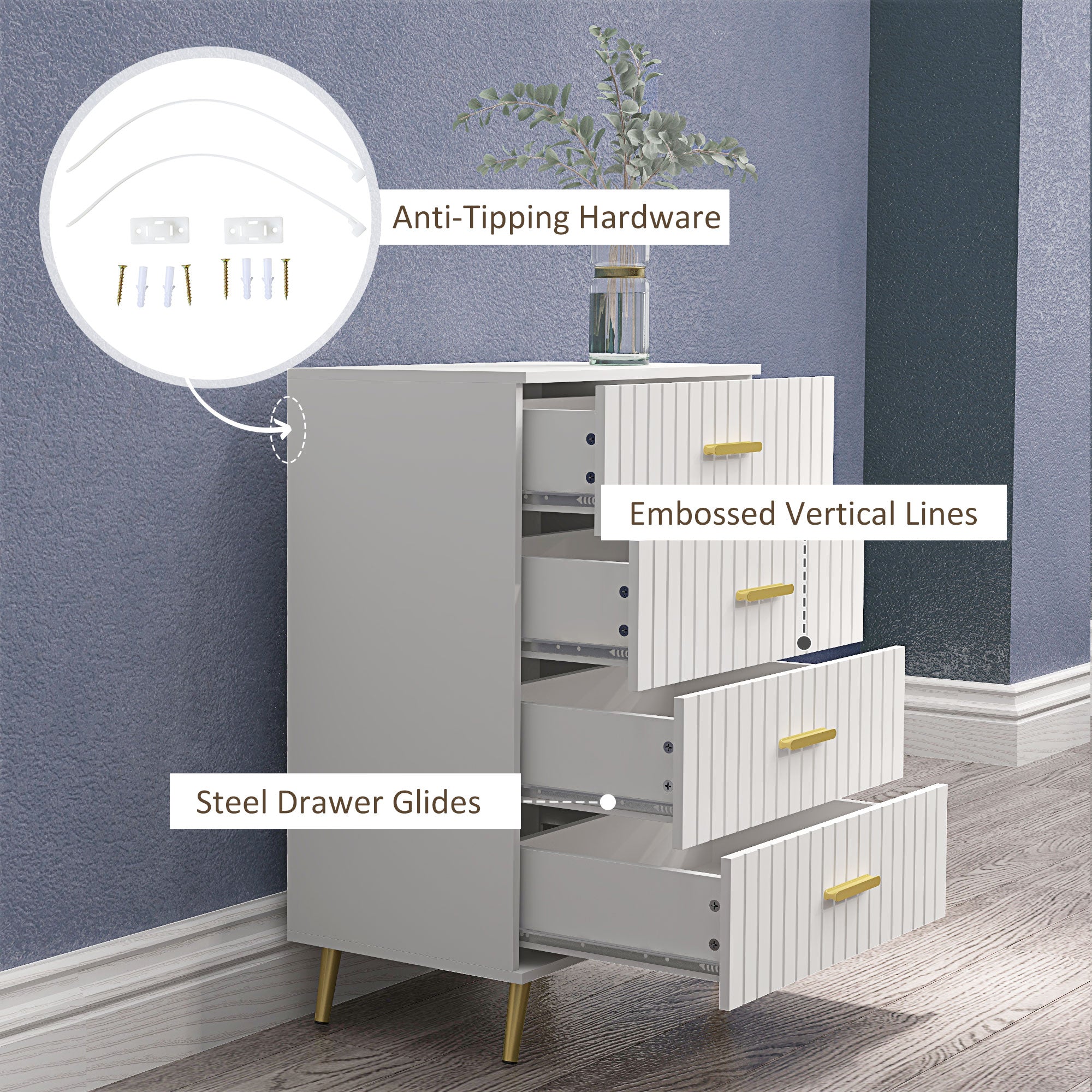 4 Drawer Cabinet, Drawer Chest for Bedroom, Chest of Drawers with Aluminium Legs and Gold Handles, White