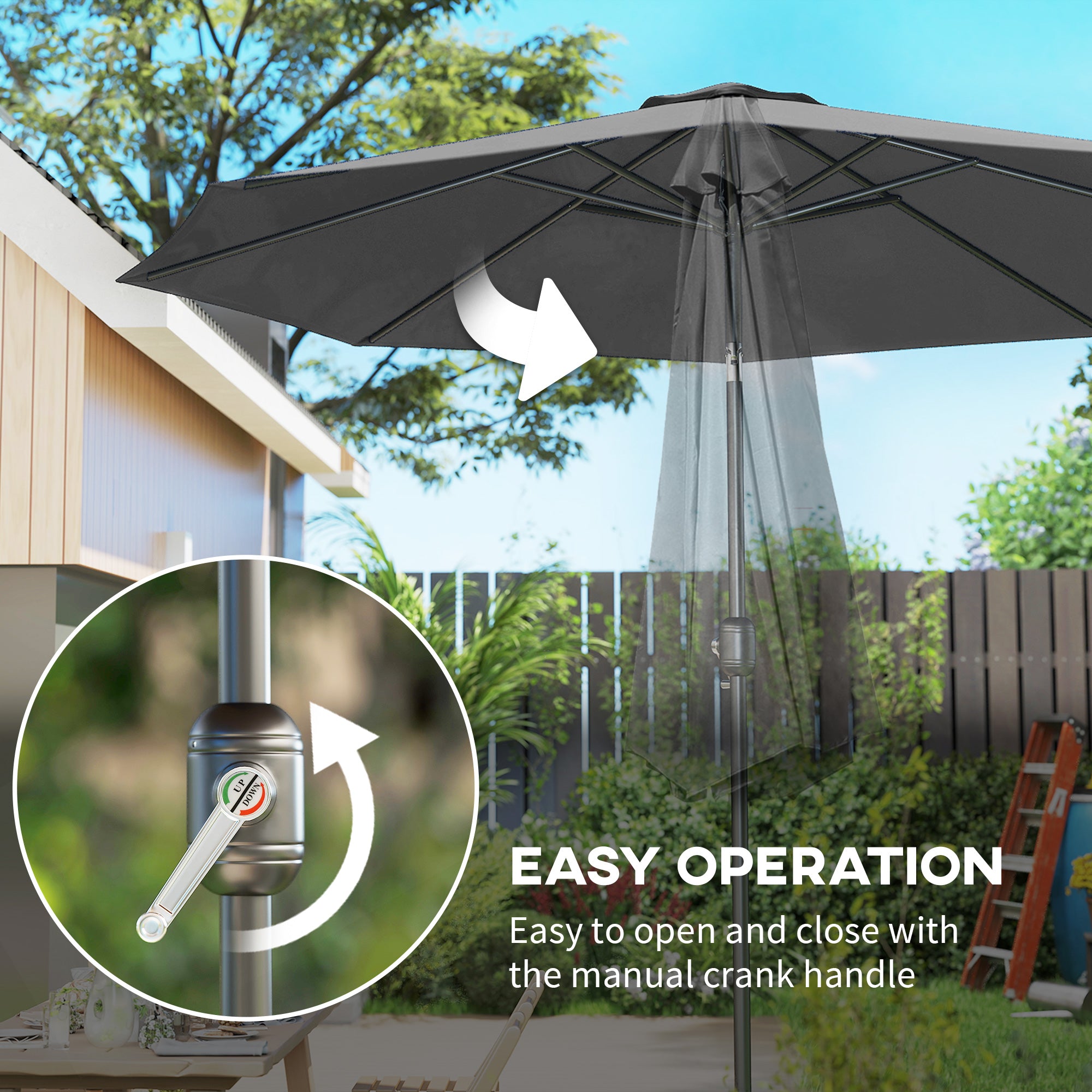 10' x 8' Round Market Umbrella, Patio Umbrella with Crank Handle and Tilt, Outdoor Parasol for Garden, Bench, Lawn, Grey