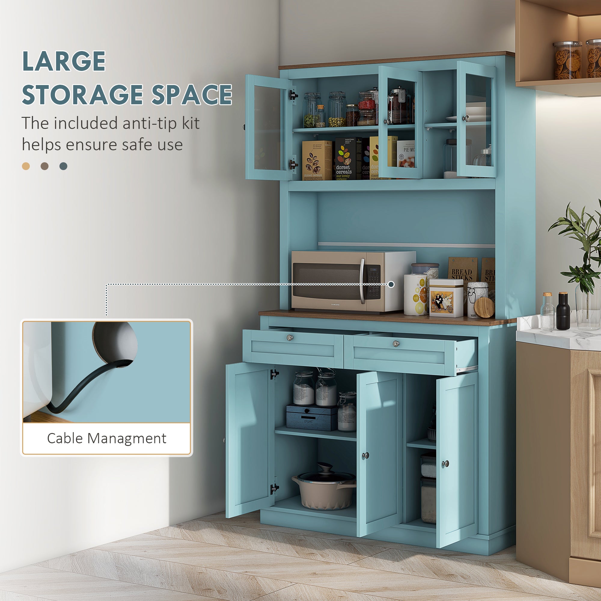 71" Pantry Cabinet with Microwave Space, Buffet with Hutch, 2 Drawers, Adjustable Shelves and Glass Doors, Blue