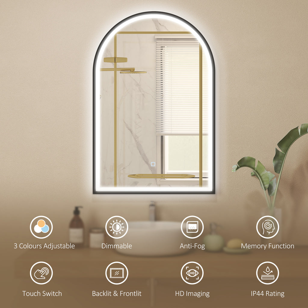24" x 36" LED Bathroom Mirror, Arched Tempered Glass Wall Mirror, Anti-Fog, Dimmable, Memory Function, Black