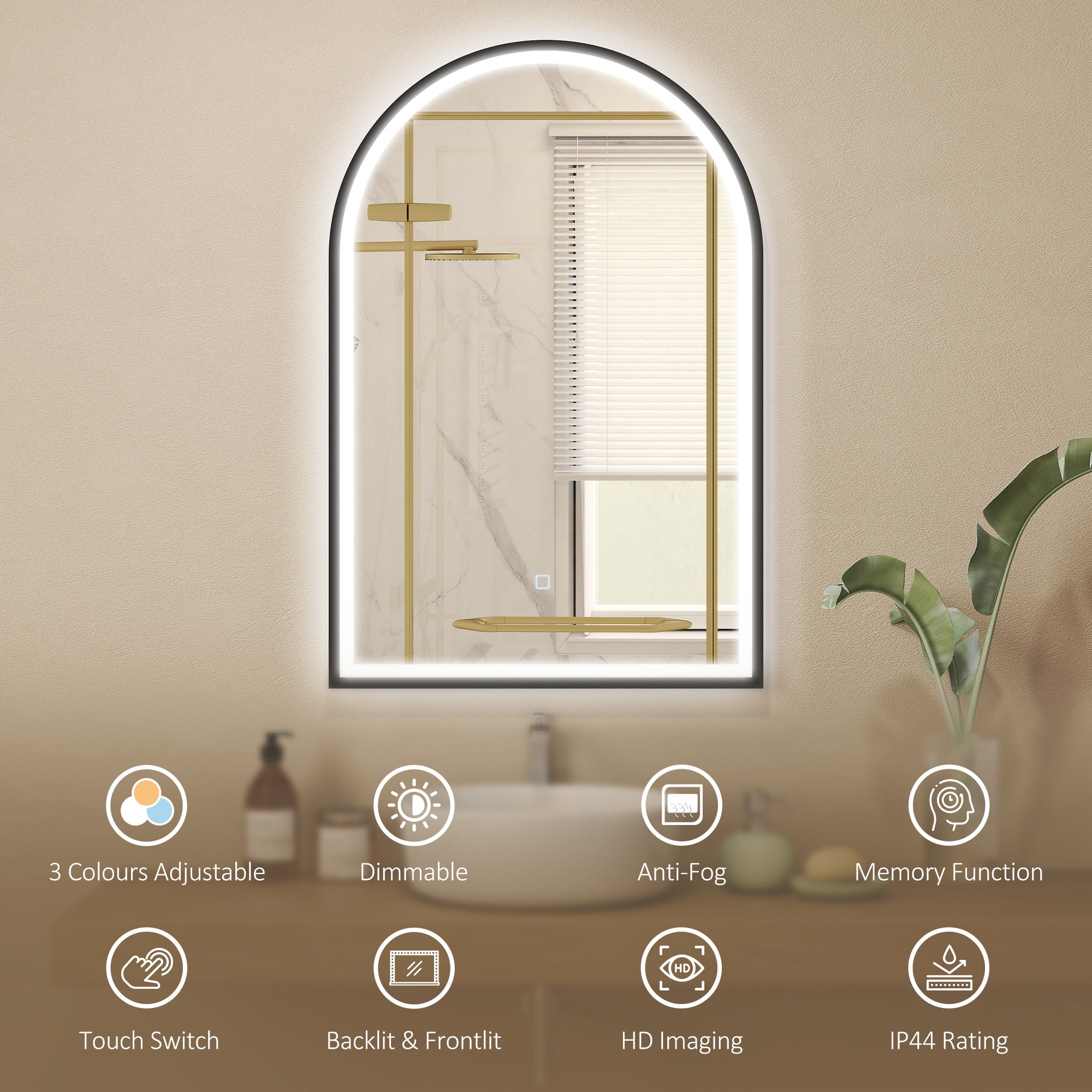 24" x 36" LED Bathroom Mirror, Arched Tempered Glass Wall Mirror, Anti-Fog, Dimmable, Memory Function, Black
