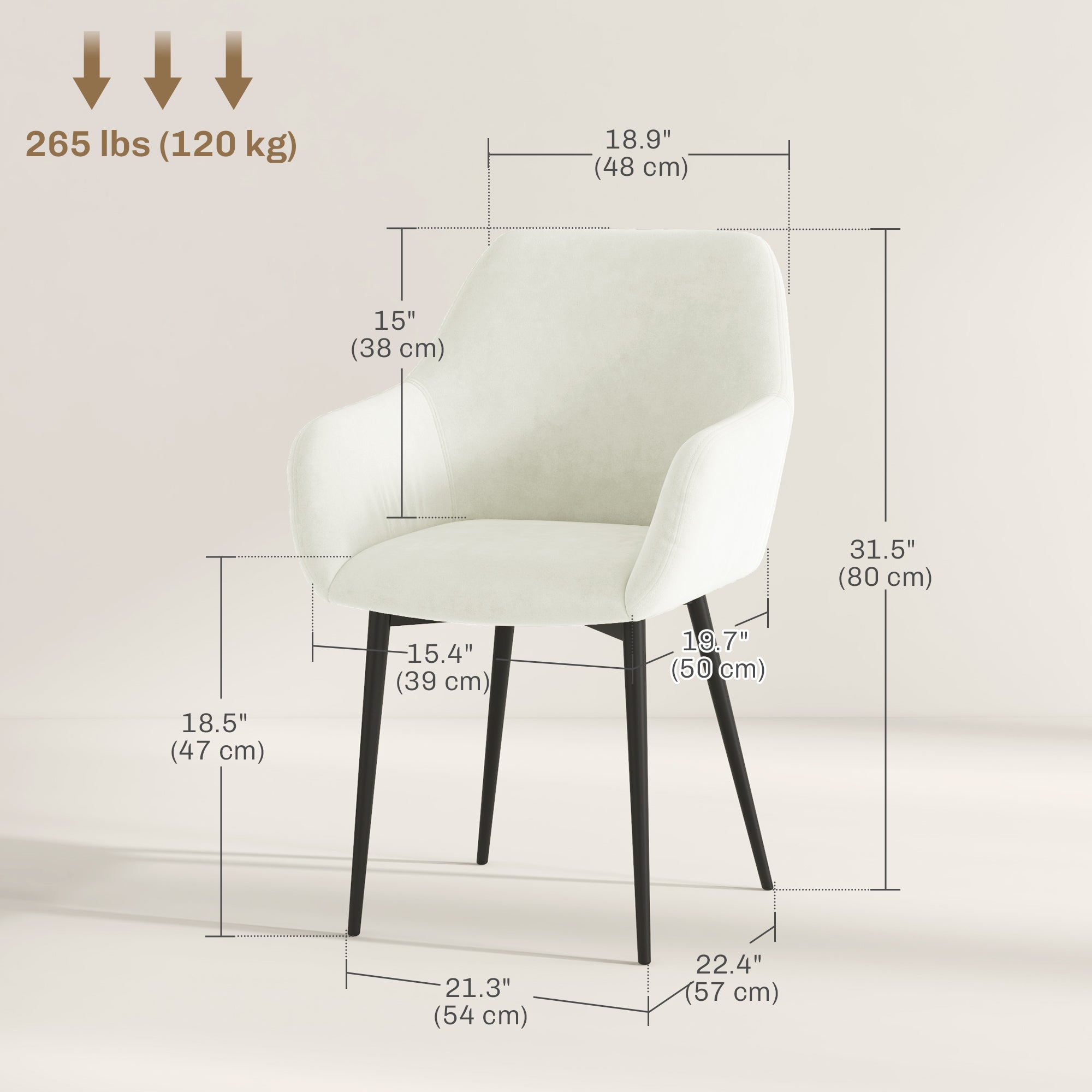 Dining Chairs Set of 2, Velvet-look Fabric Upholstered Kitchen Chairs with Backrest, Armrests and Steel Legs, Cream White