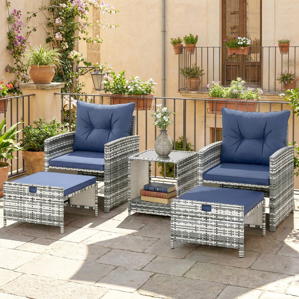 5 Piece Patio Furniture Set, Wicker Patio Chairs with Ottomans, 2-Tier Glass Coffee Table and Cushions, Grey/Dark Blue