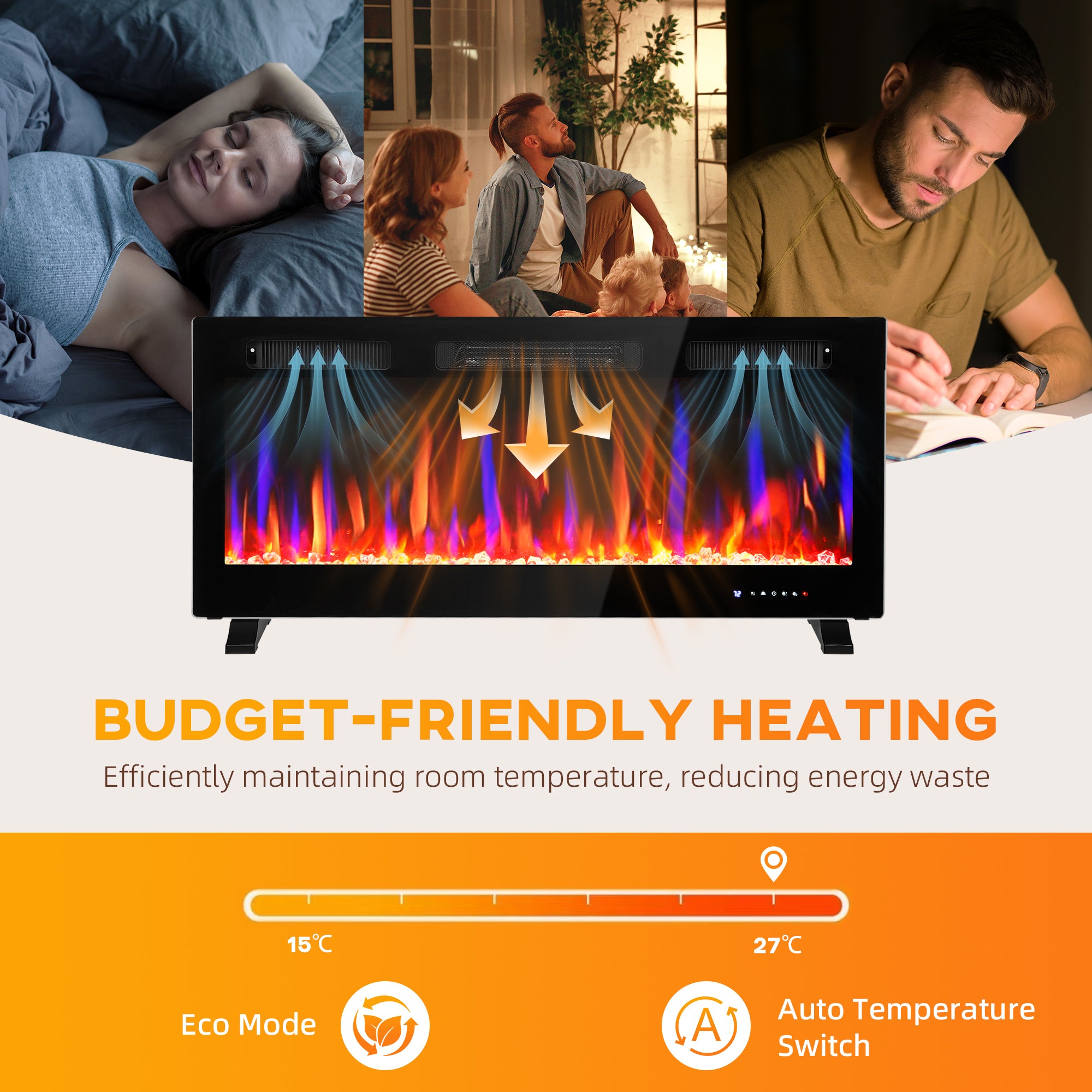 42" Thin Electric Fireplace, Freestanding, Wall Mounted Fireplace Heater with Eco Mode, Auto Switch, Remote, 1500W
