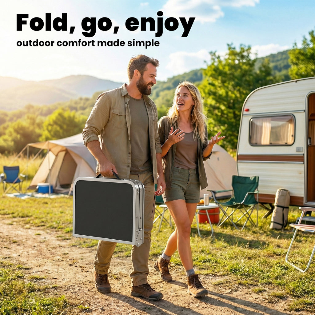 2ft Folding Camping Table, Picnic Table with Mesh Storage Layer, 4 Adjustable Heights and Carrying Handle, Black