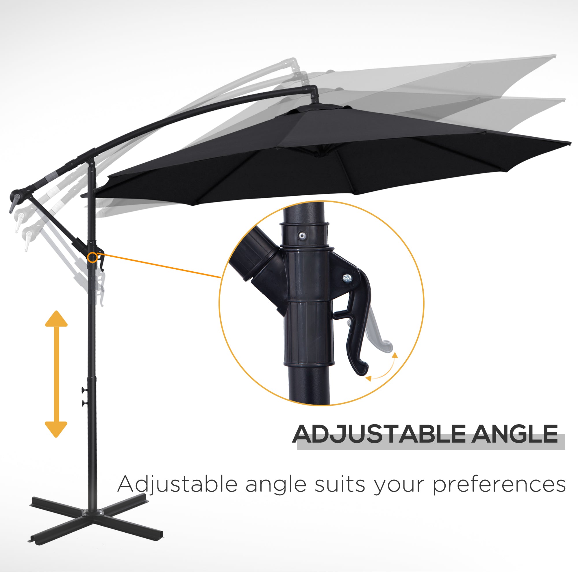 9.7ft Offset Patio UmbrellaCantilever Parasol with Crank Handle, 8 Ribs and Cross Base for Outdoor, Sun Shade, Black