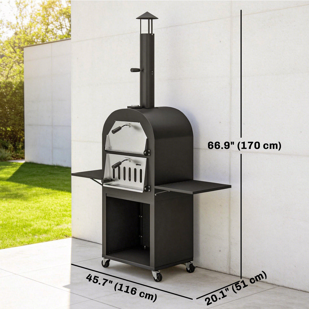 Outdoor Wood Fired Pizza Oven with Side Shelves and Open Cabinet, Pizza Maker on Wheels with Thermometer, Stone, Peel