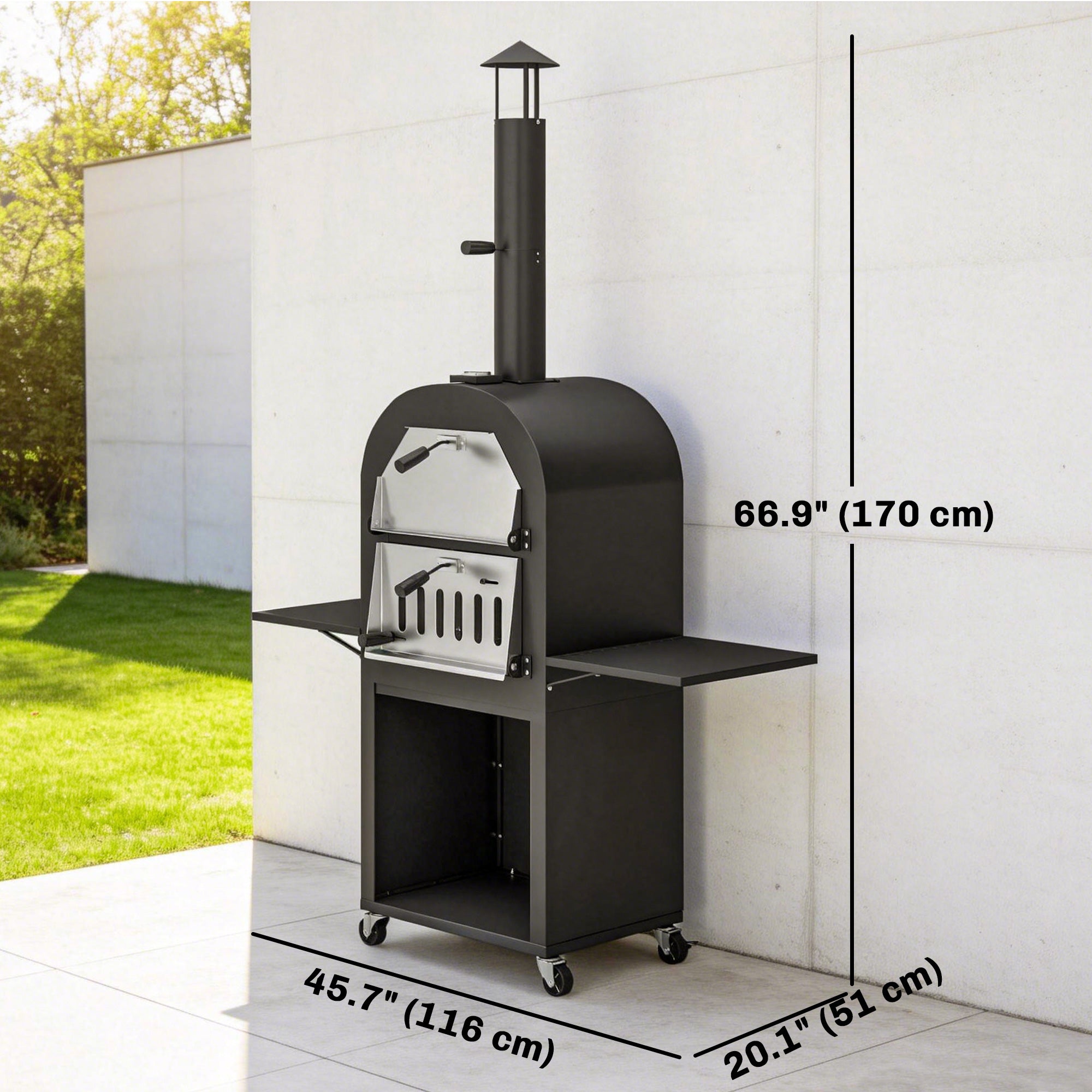 Outdoor Wood Fired Pizza Oven with Side Shelves and Open Cabinet, Pizza Maker on Wheels with Thermometer, Stone, Peel