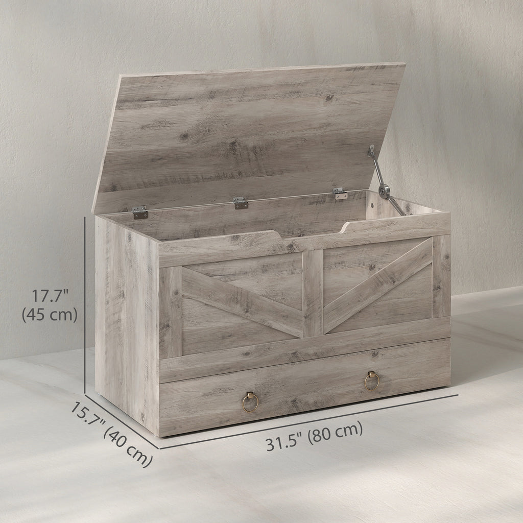 31.5 Inches Storage Chest, Storage Trunk with 2 Safety Hinges for Living Room, Grey Wood Grain