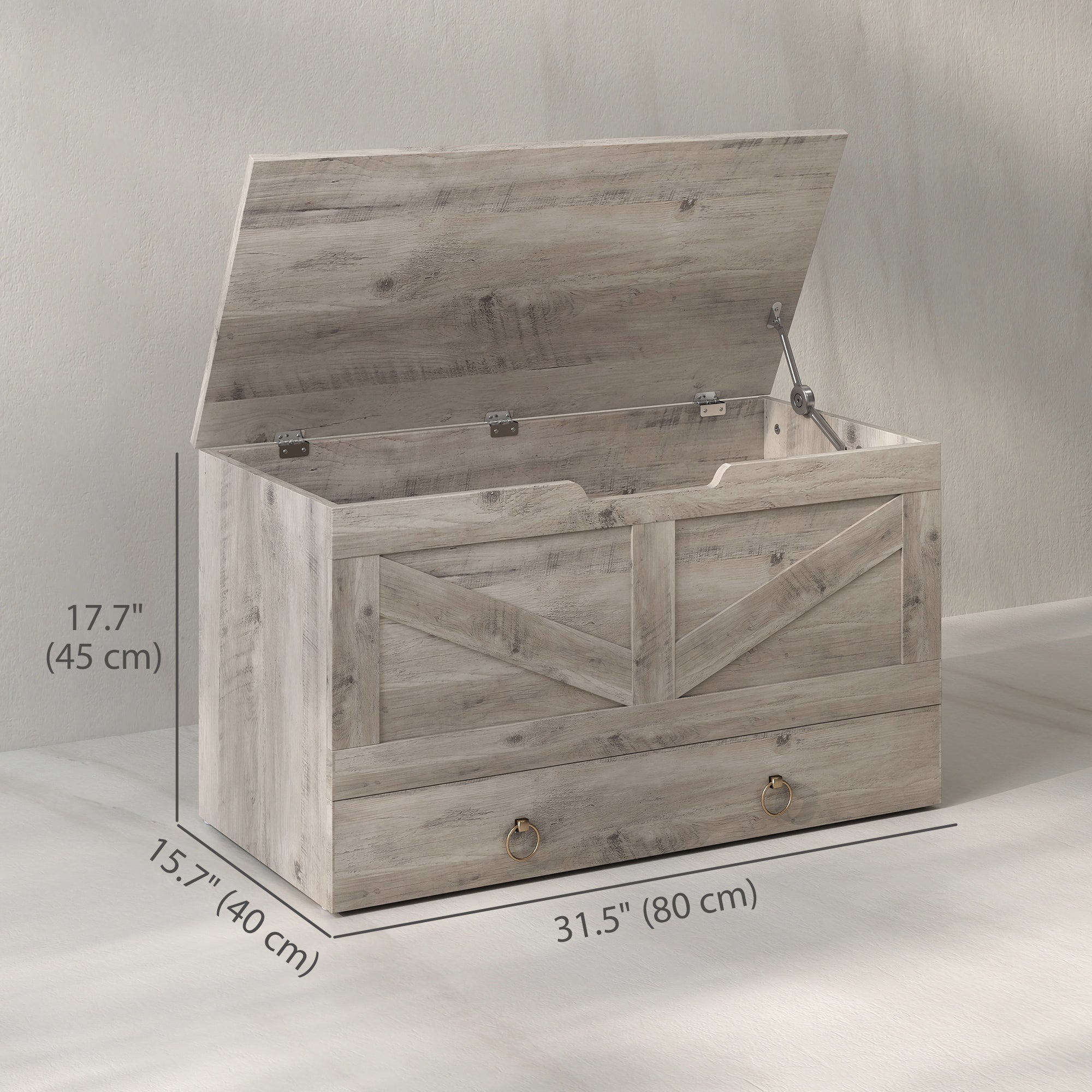 31.5 Inches Storage Chest, Storage Trunk with 2 Safety Hinges for Living Room, Grey Wood Grain